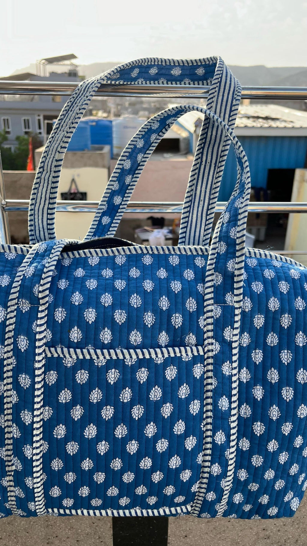 Handmade Blue Cotton Block Print Quilted Duffle Bag