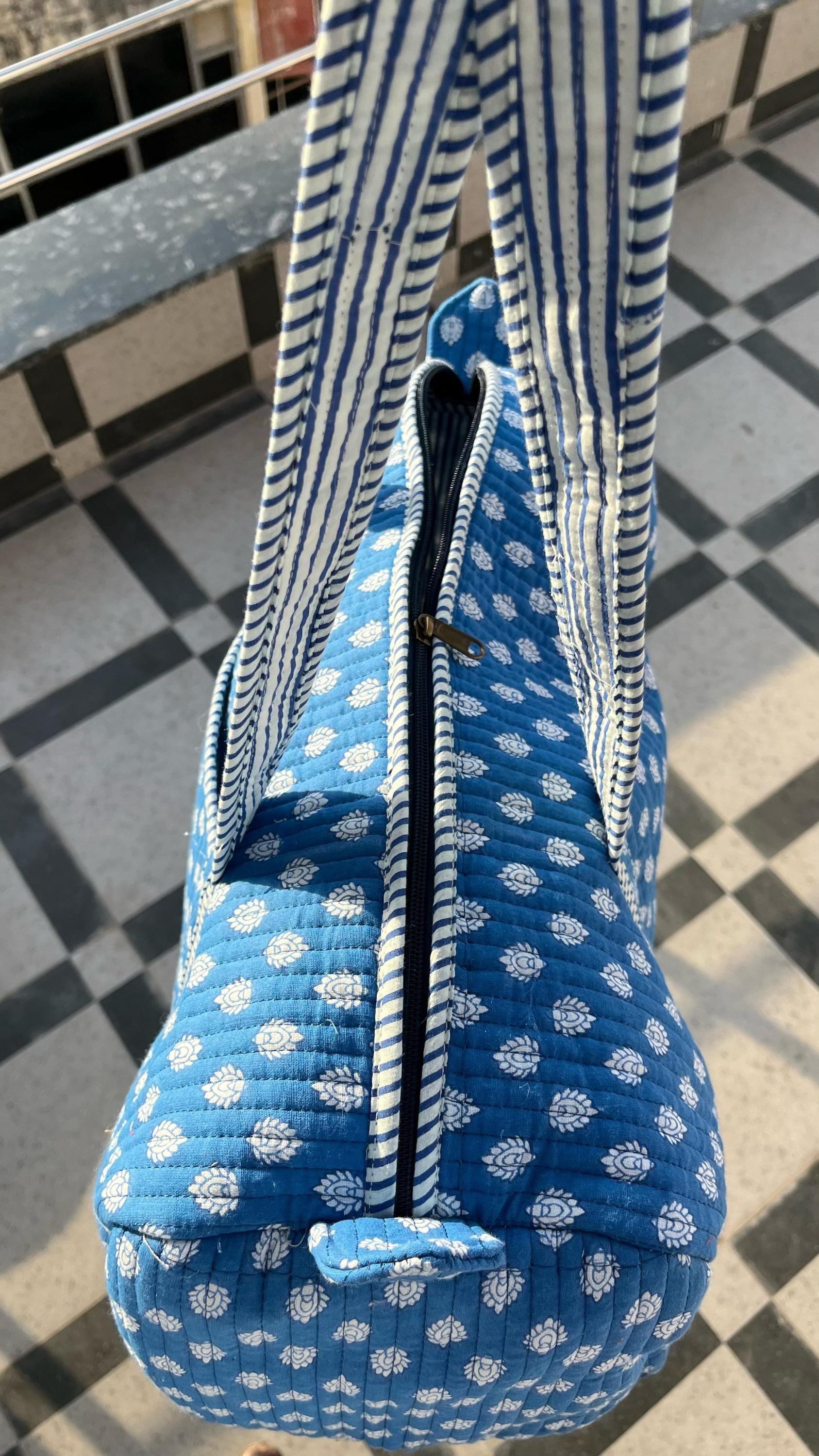 Handmade Blue Cotton Block Print Quilted Duffle Bag