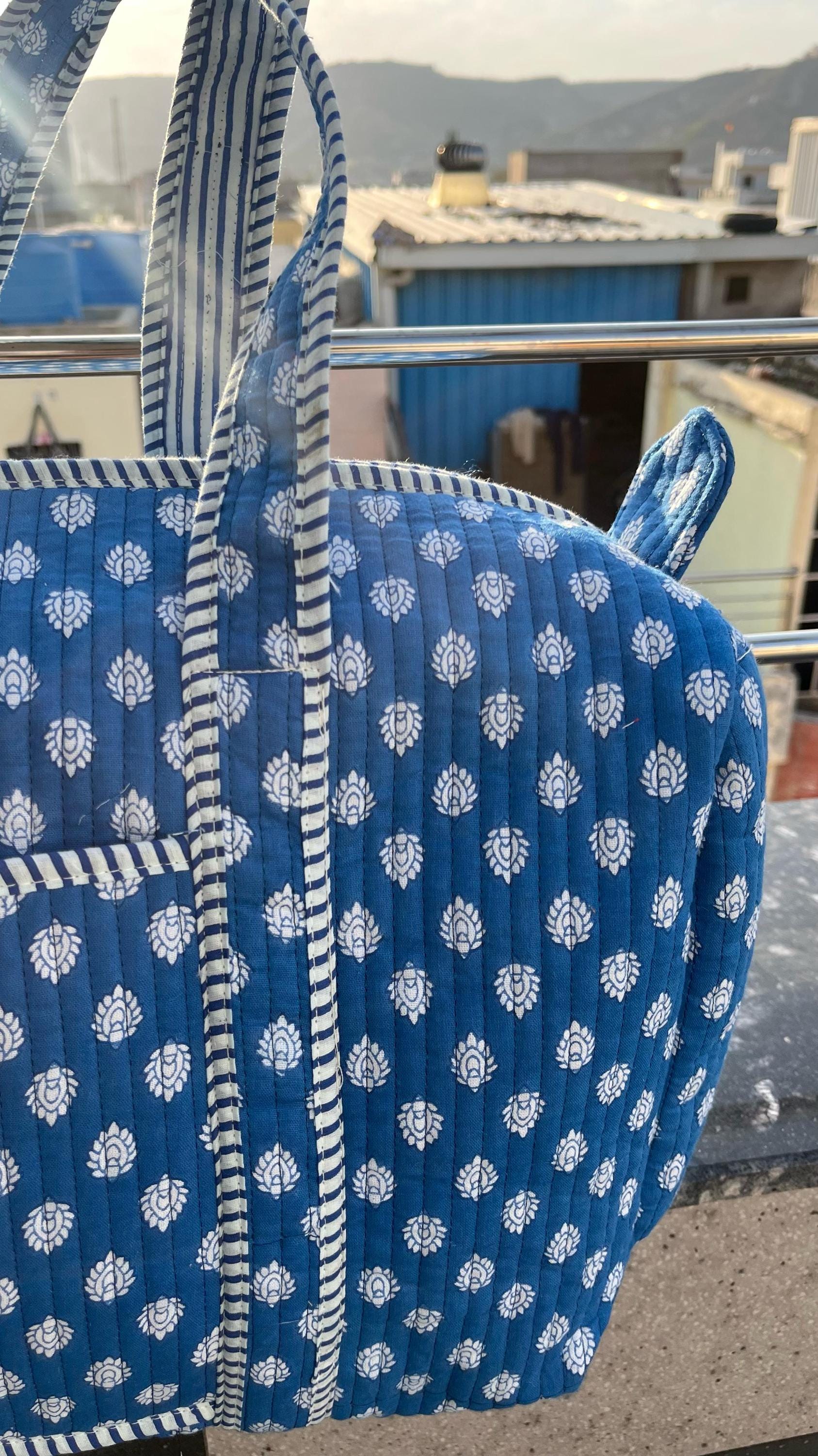 Handmade Blue Cotton Block Print Quilted Duffle Bag
