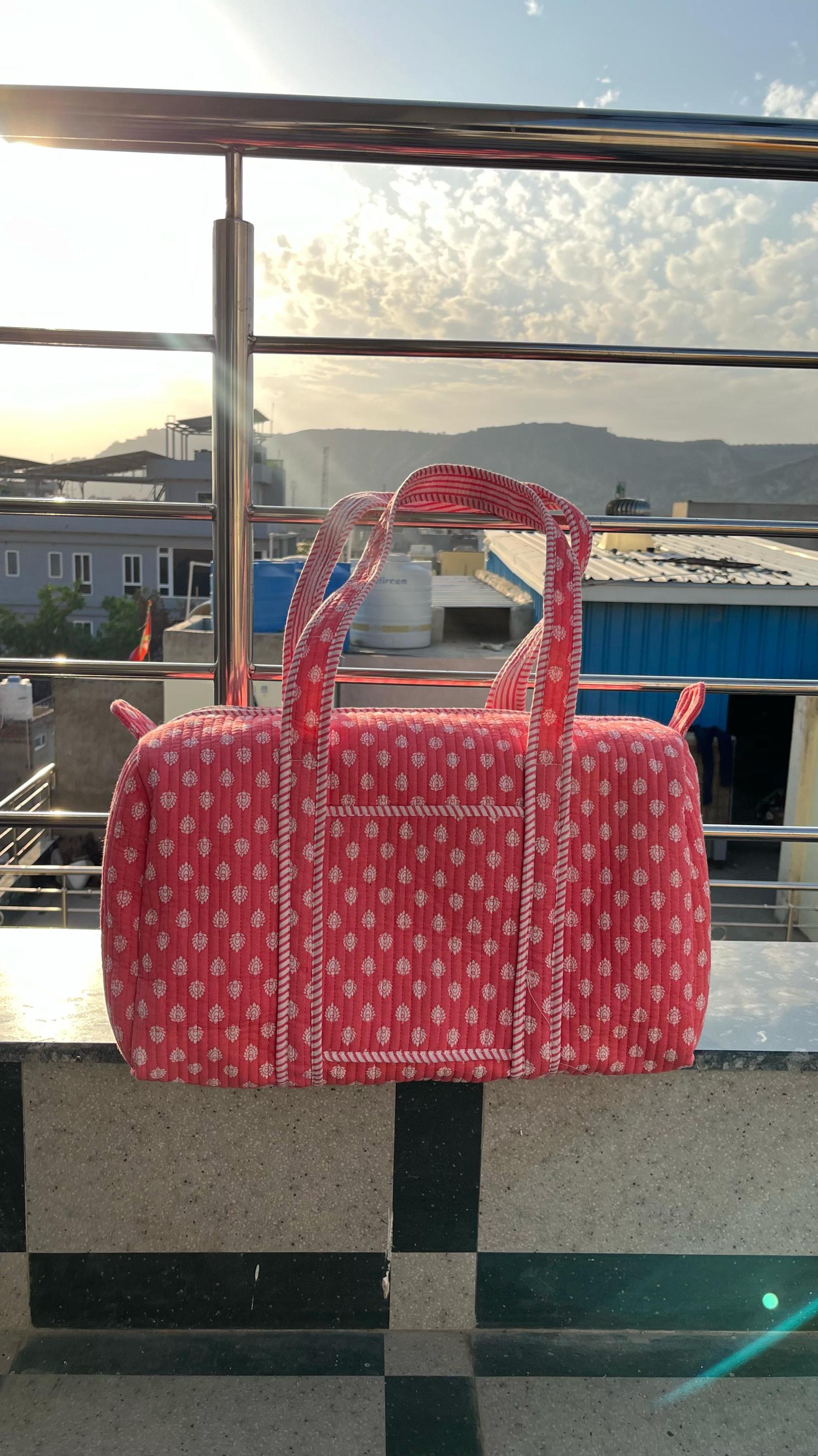 Handmade Blue Cotton Block Print Quilted Duffle Bag