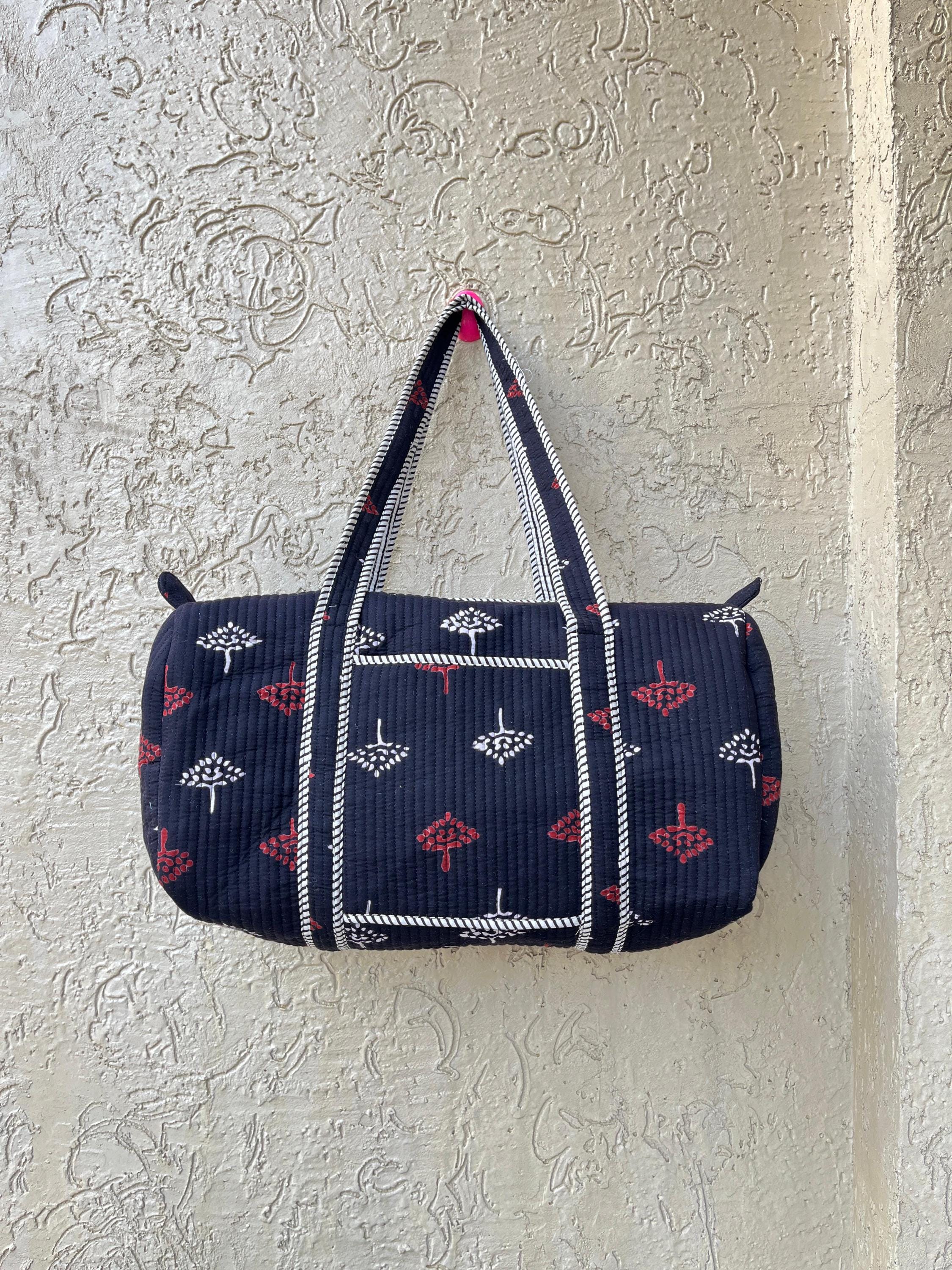 Handmade Quilted Duffle Bag: Block Printed Cotton Overnight Travel Bag