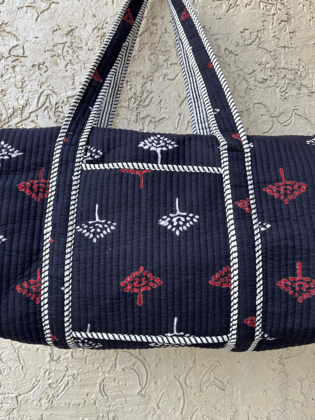 Handmade Quilted Duffle Bag: Block Printed Cotton Overnight Travel Bag