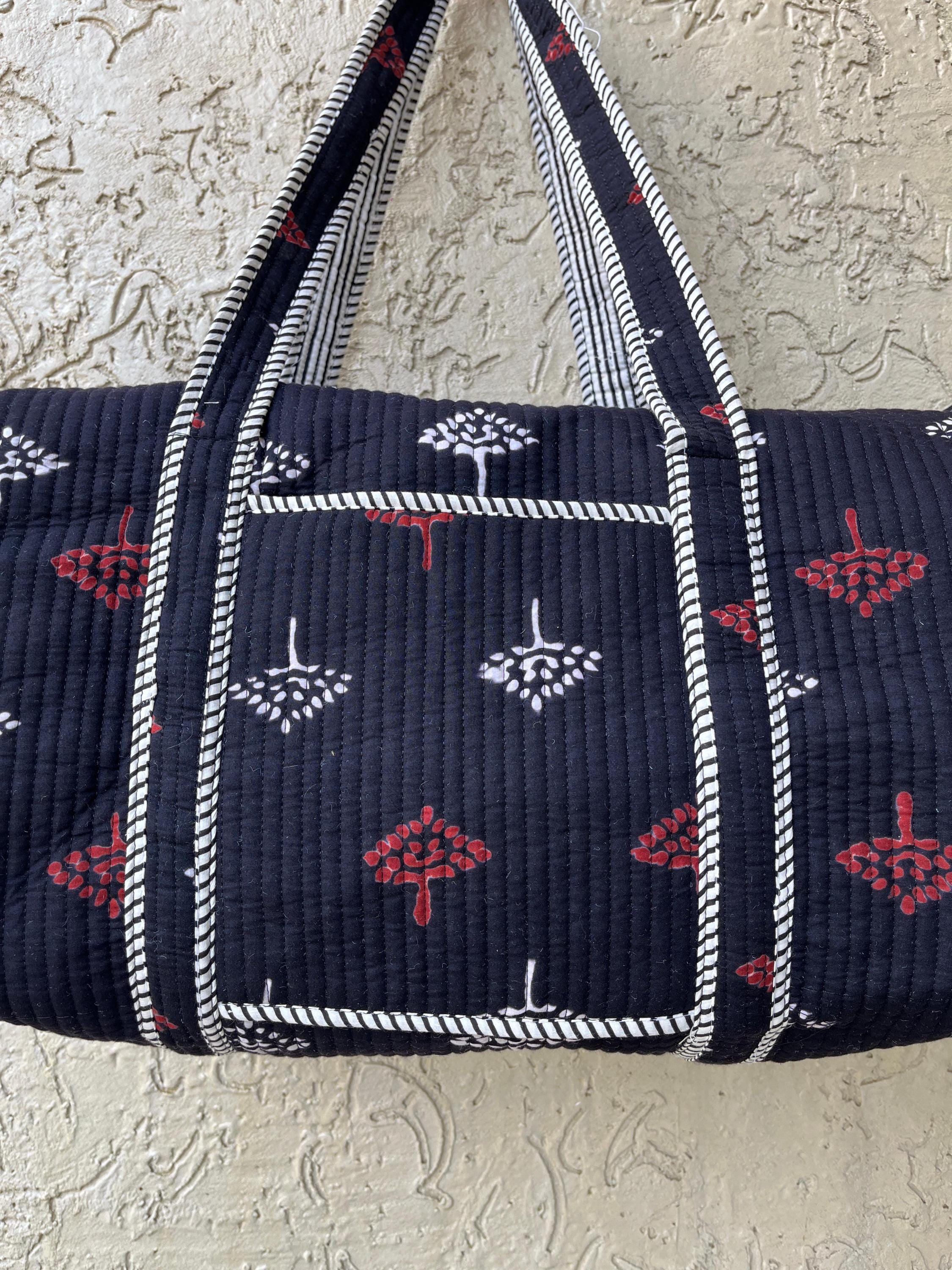 Handmade Quilted Duffle Bag: Block Printed Cotton Overnight Travel Bag