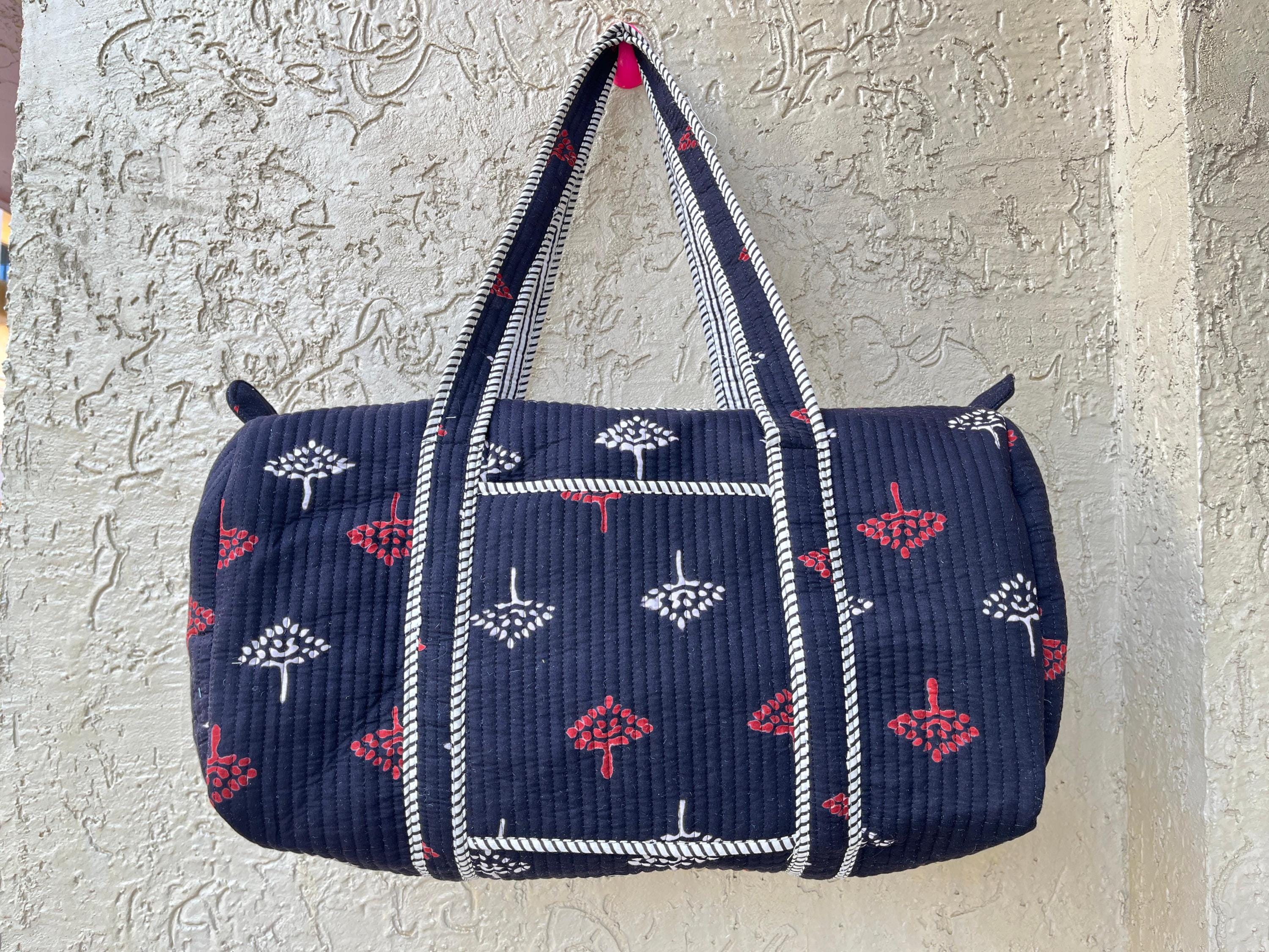 Handmade Quilted Duffle Bag: Block Printed Cotton Overnight Travel Bag