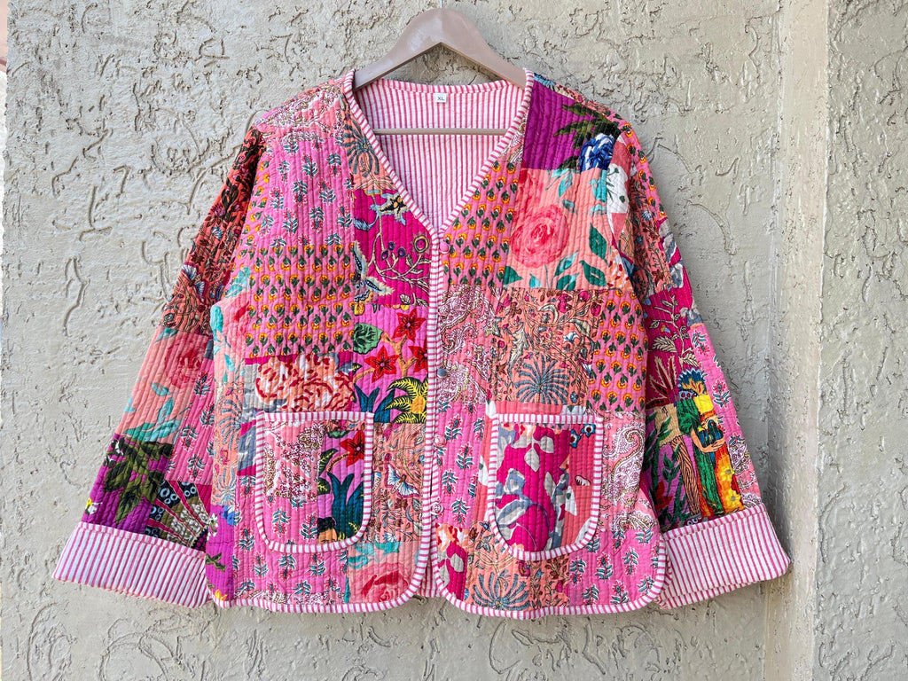 Handmade Cotton Patchwork Jacket: Reversible Quilted Boho Coat