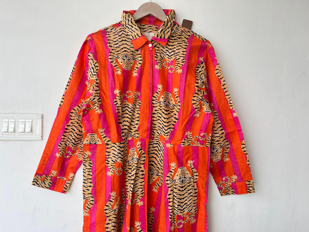 Hand Block Printed Cotton Dress: Indian Tiger Print Long Gown