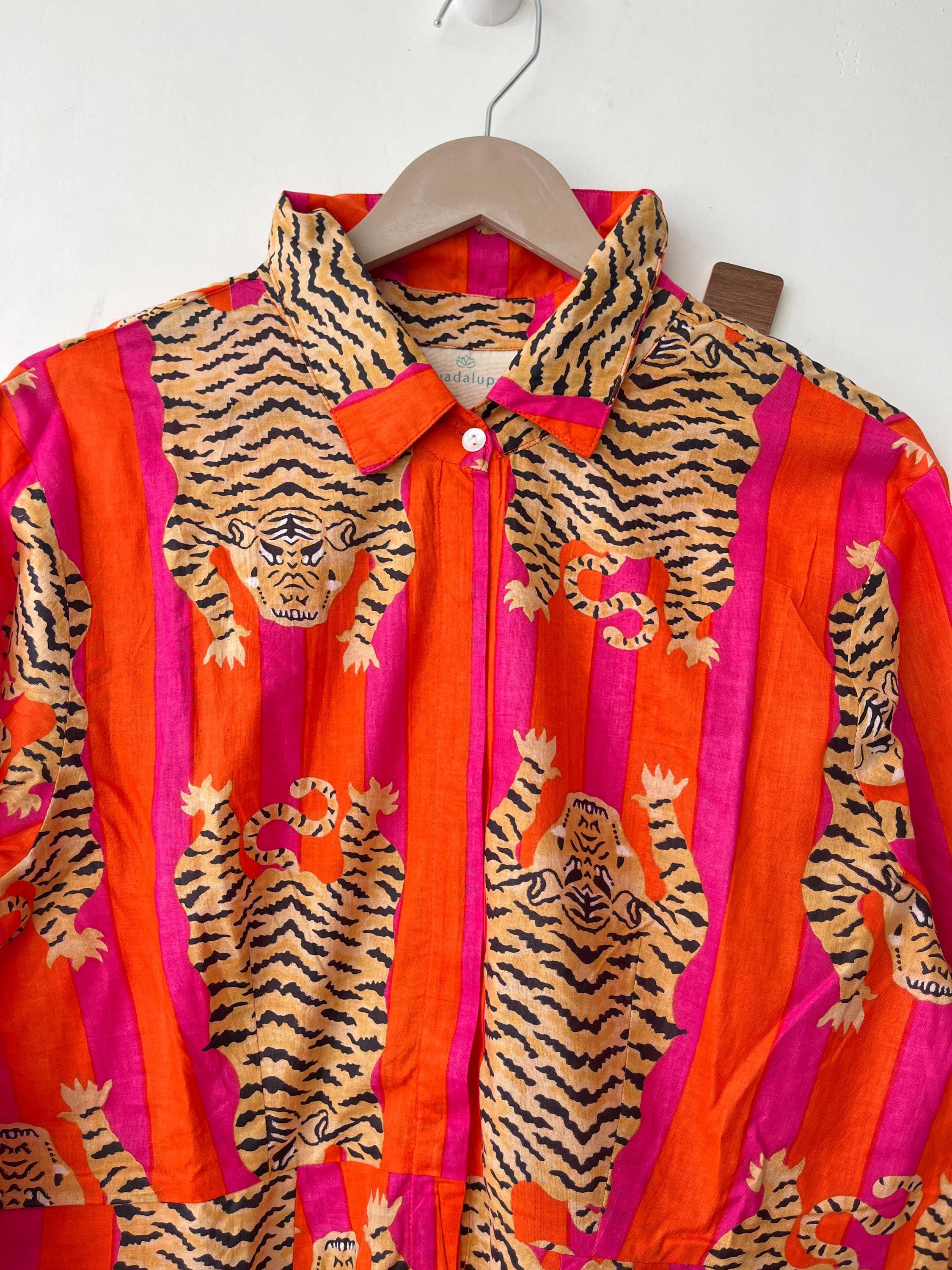 Hand Block Printed Cotton Dress: Indian Tiger Print Long Gown