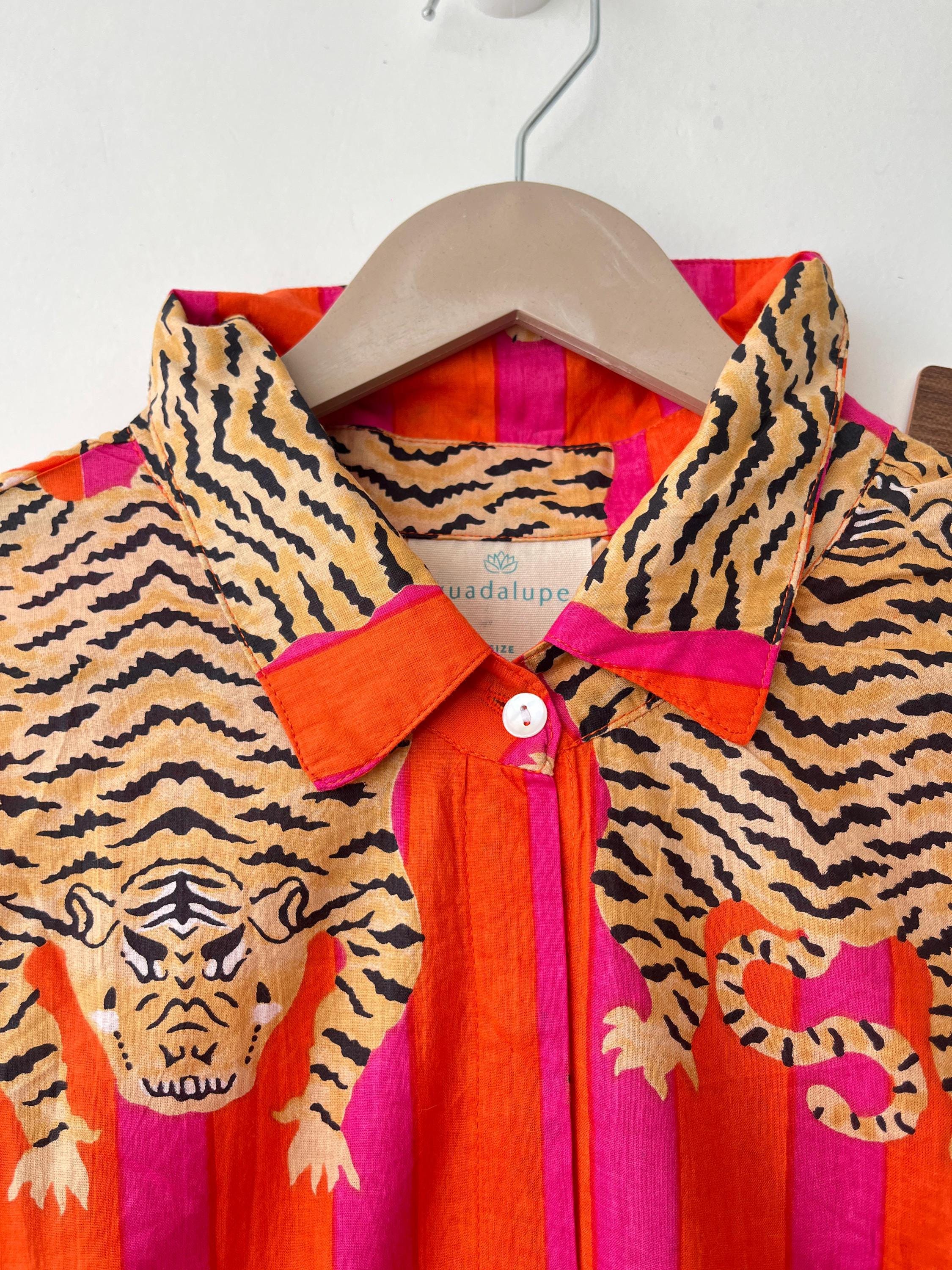 Hand Block Printed Cotton Dress: Indian Tiger Print Long Gown