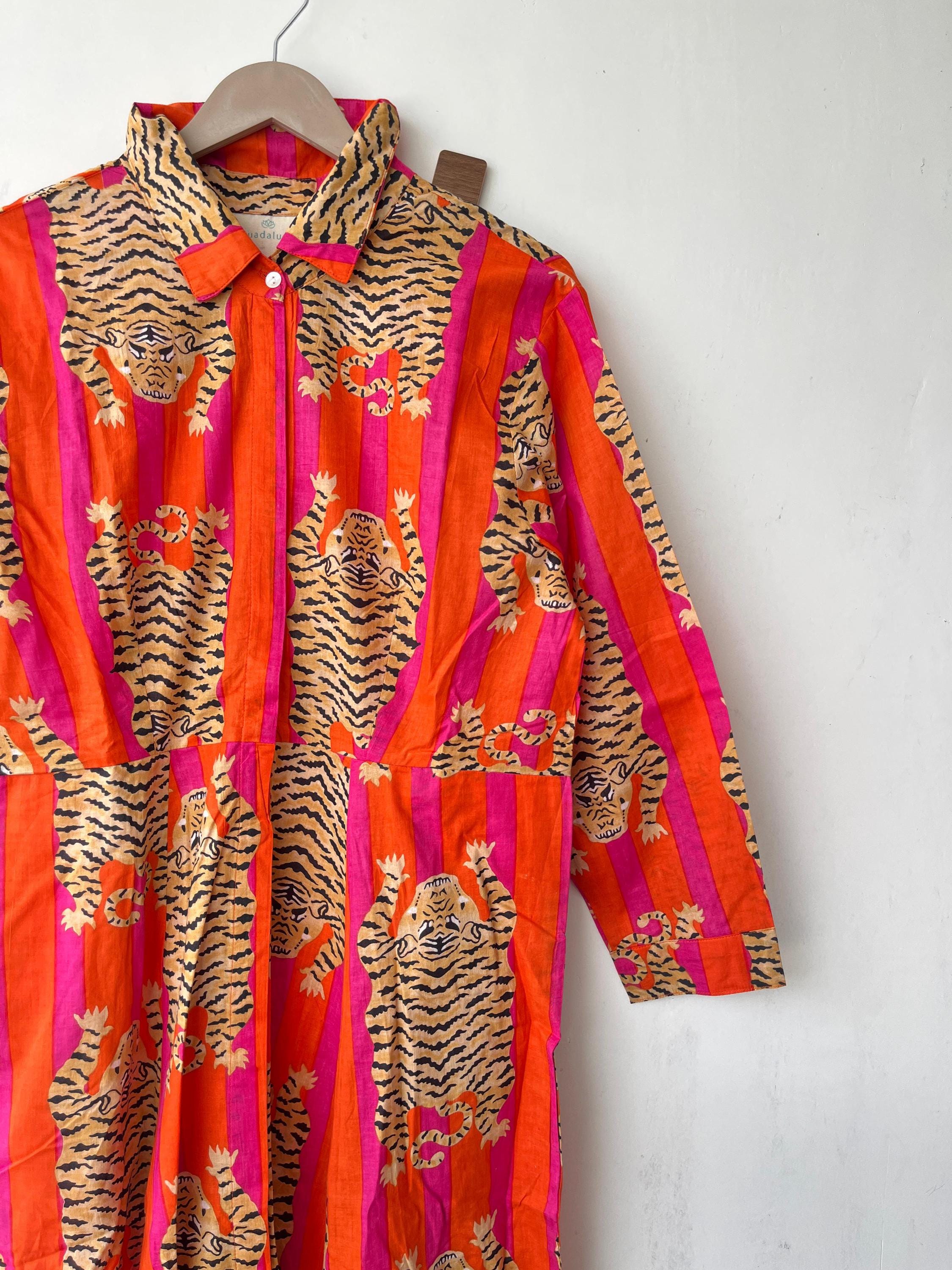 Hand Block Printed Cotton Dress: Indian Tiger Print Long Gown