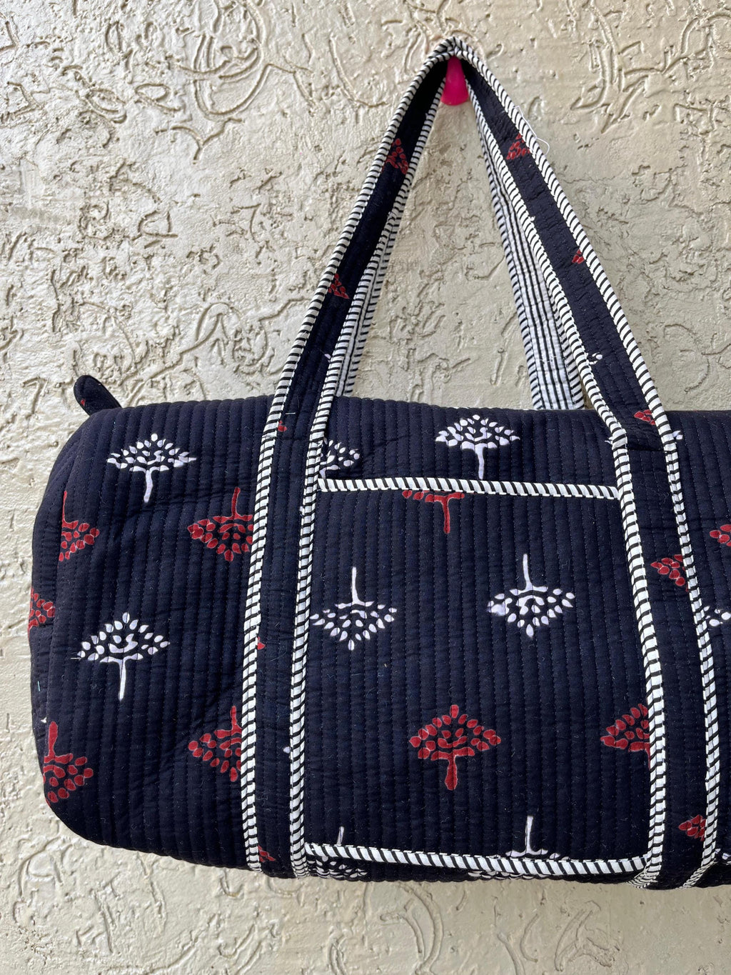 Handmade Quilted Duffle Bag: Block Printed Cotton Overnight Travel Bag