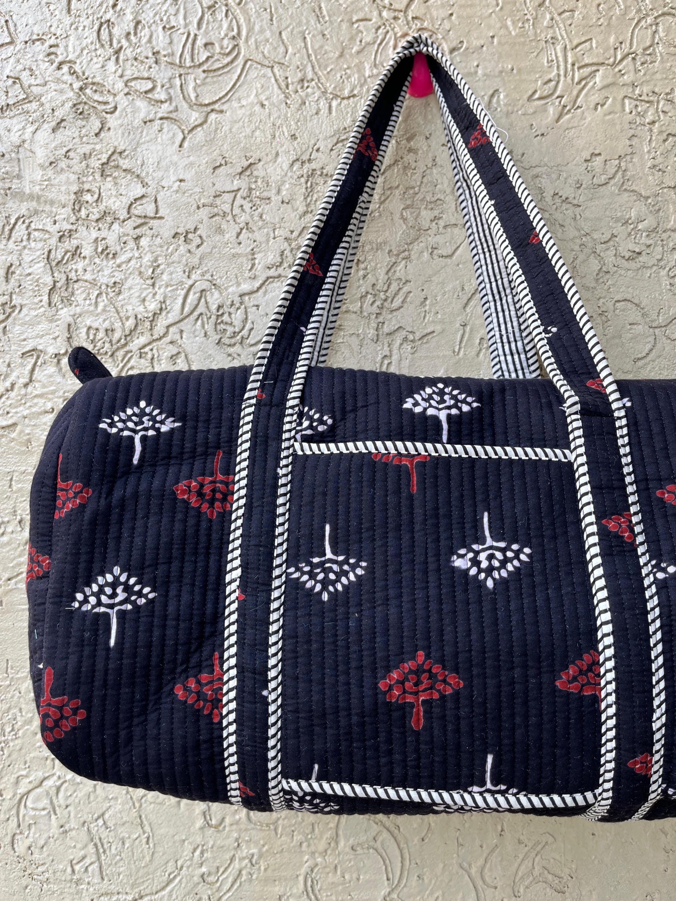 Handmade Quilted Duffle Bag: Block Printed Cotton Overnight Travel Bag