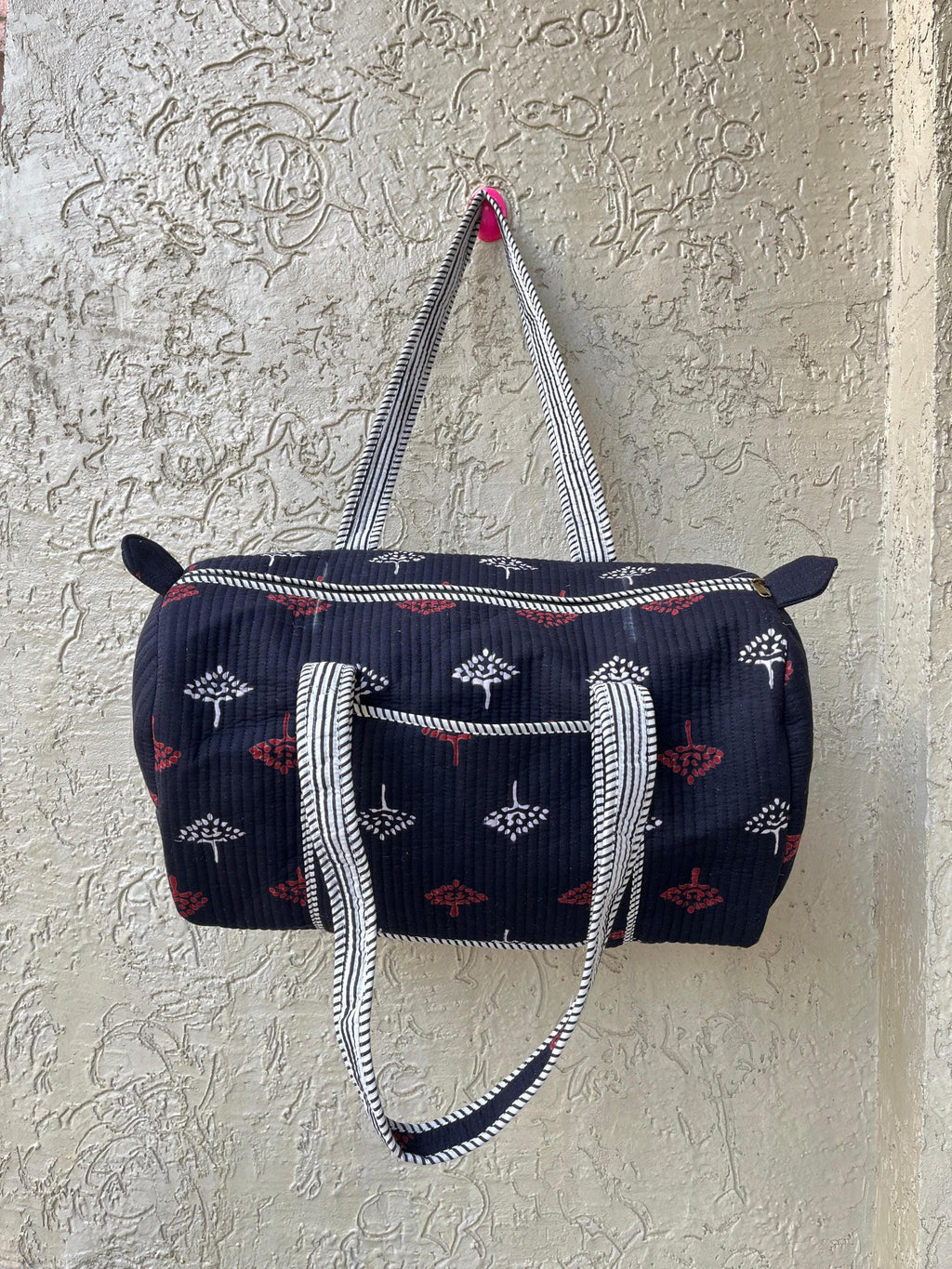 Handmade Quilted Duffle Bag: Block Printed Cotton Overnight Travel Bag