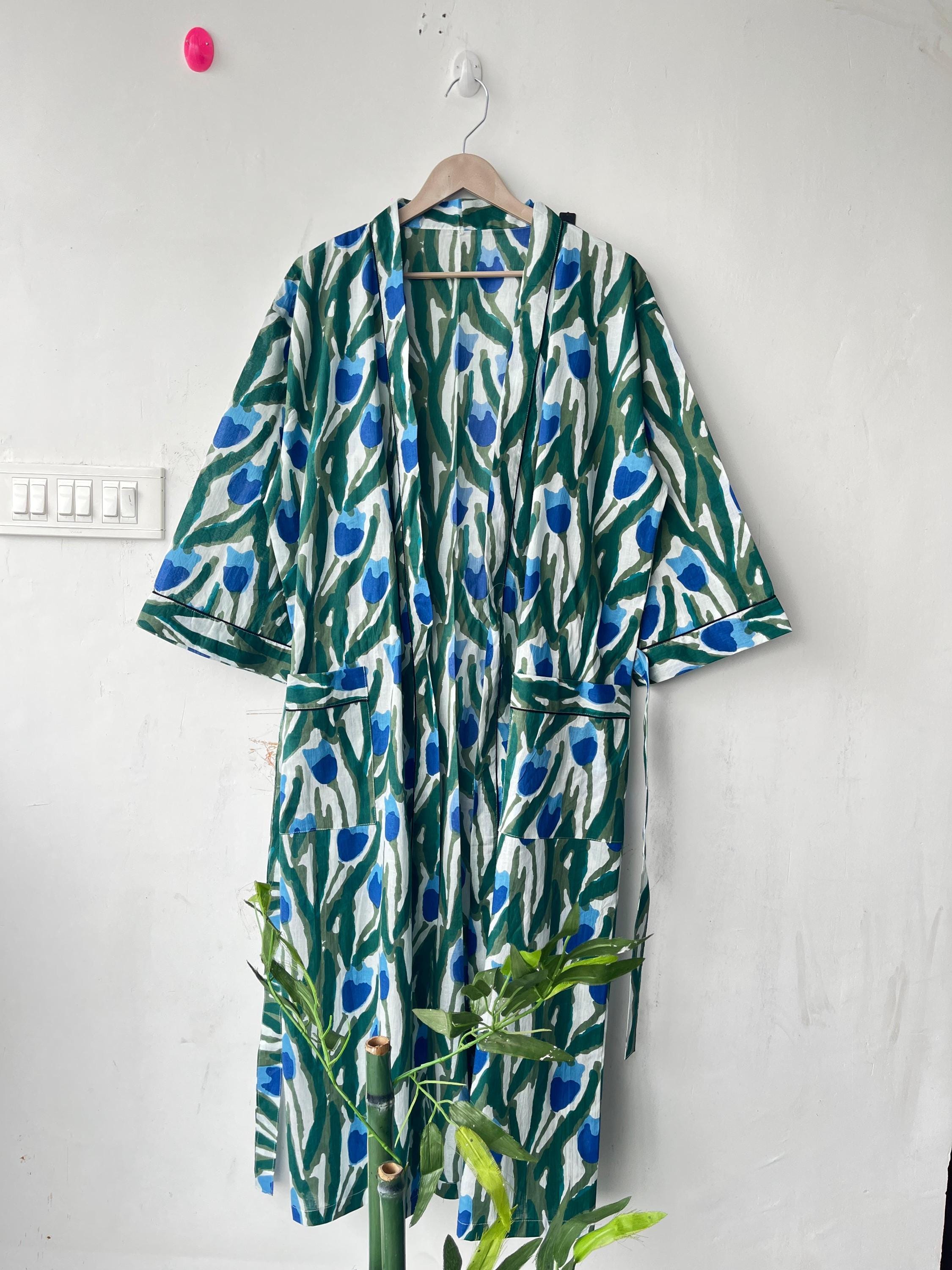 Floral Cotton Kimono Robe: Japanese Style, Short Sleeve, Plus Size
