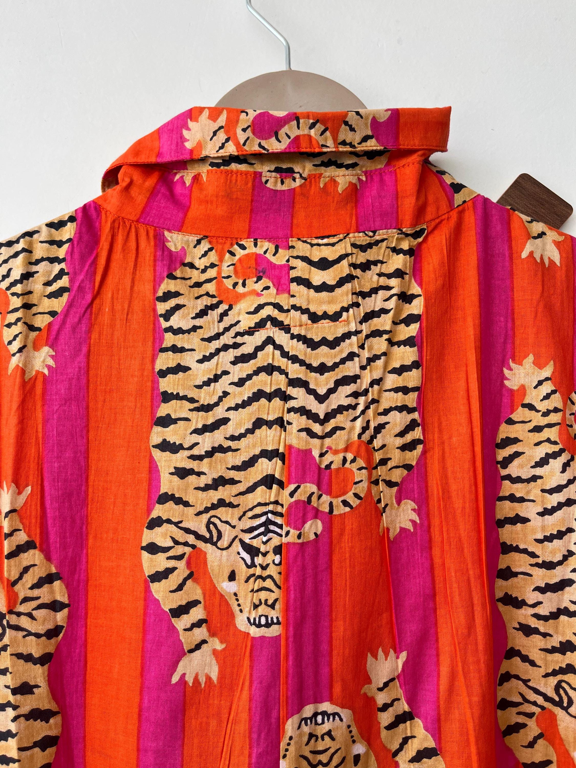 Hand Block Printed Cotton Dress: Indian Tiger Print Long Gown