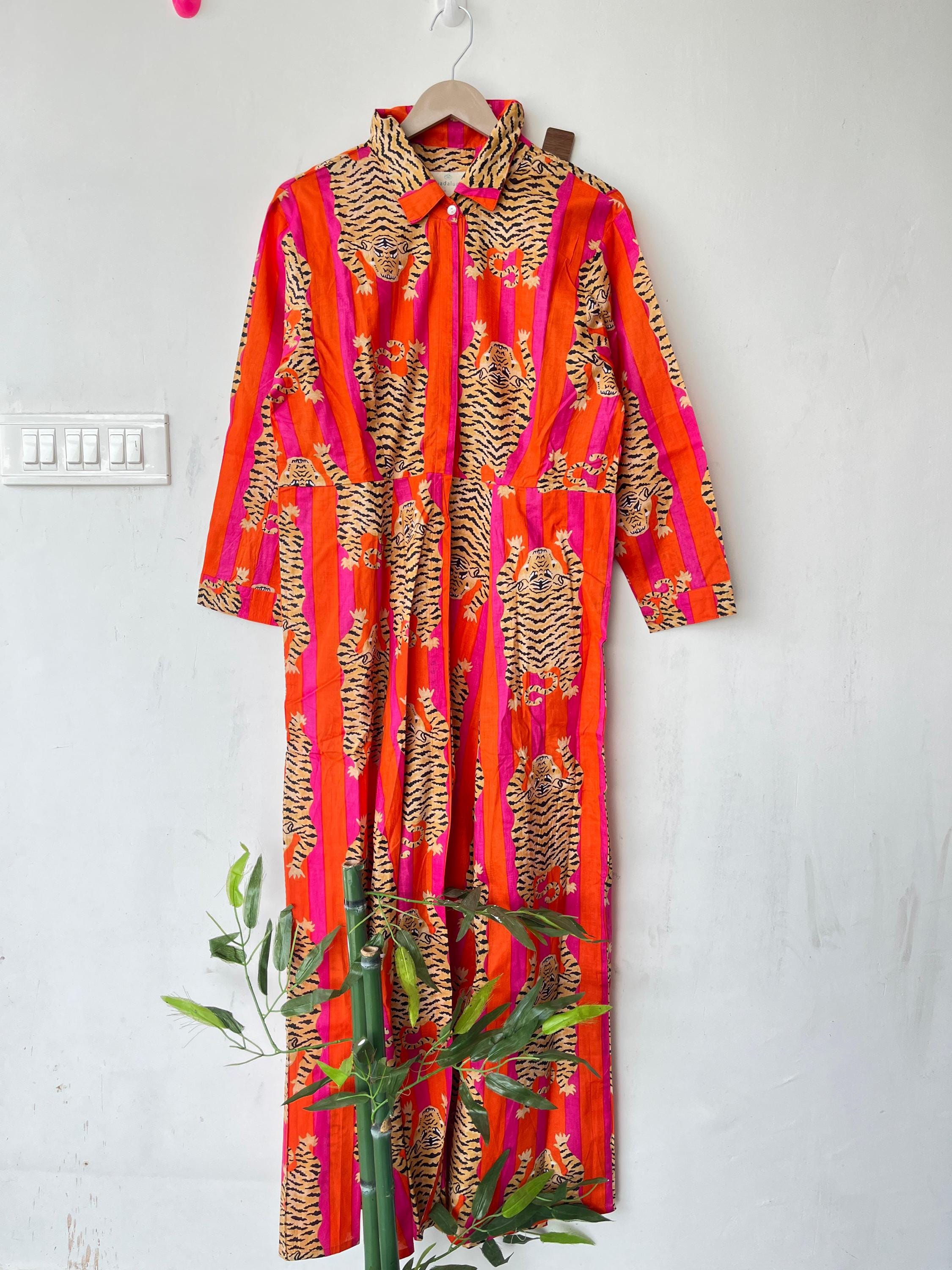 Hand Block Printed Cotton Dress: Indian Tiger Print Long Gown
