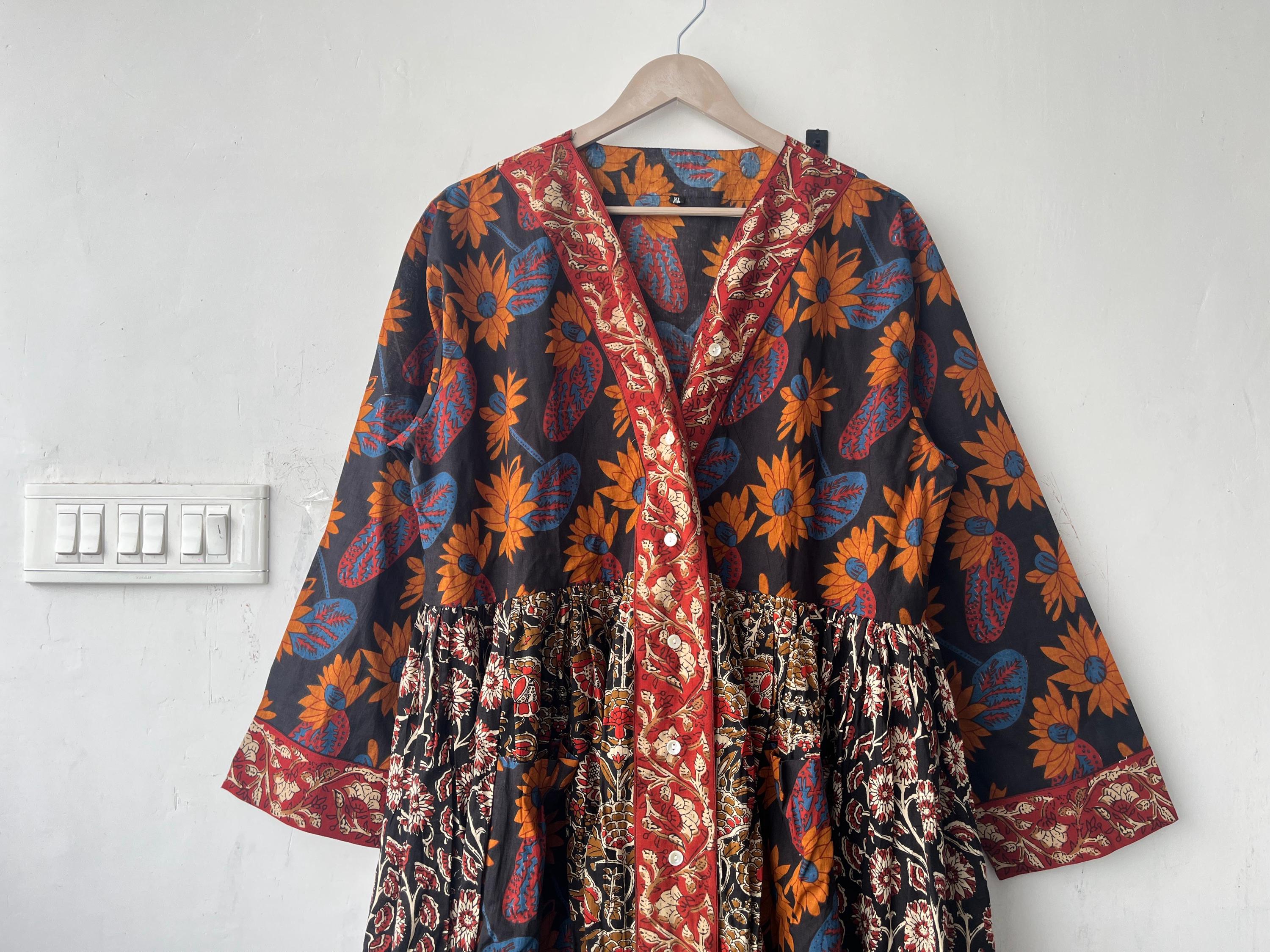 Floral Block Print Cotton Dress: Handcrafted Summer Midi