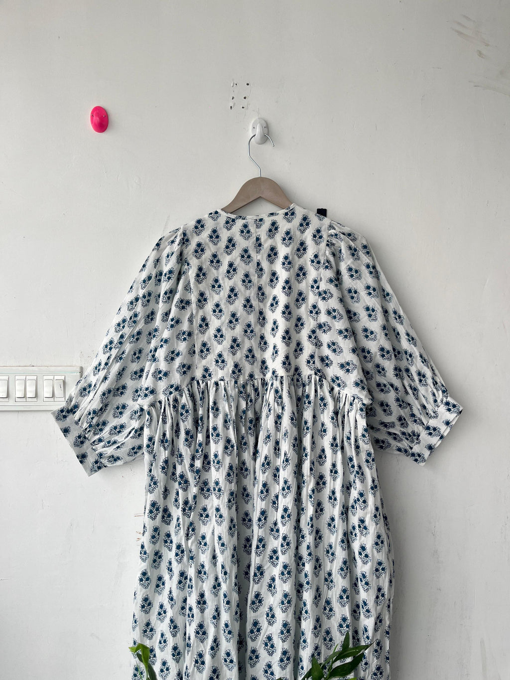 Floral Hand Block Print Cotton Midi Dress - Deep Neck Summer Dress