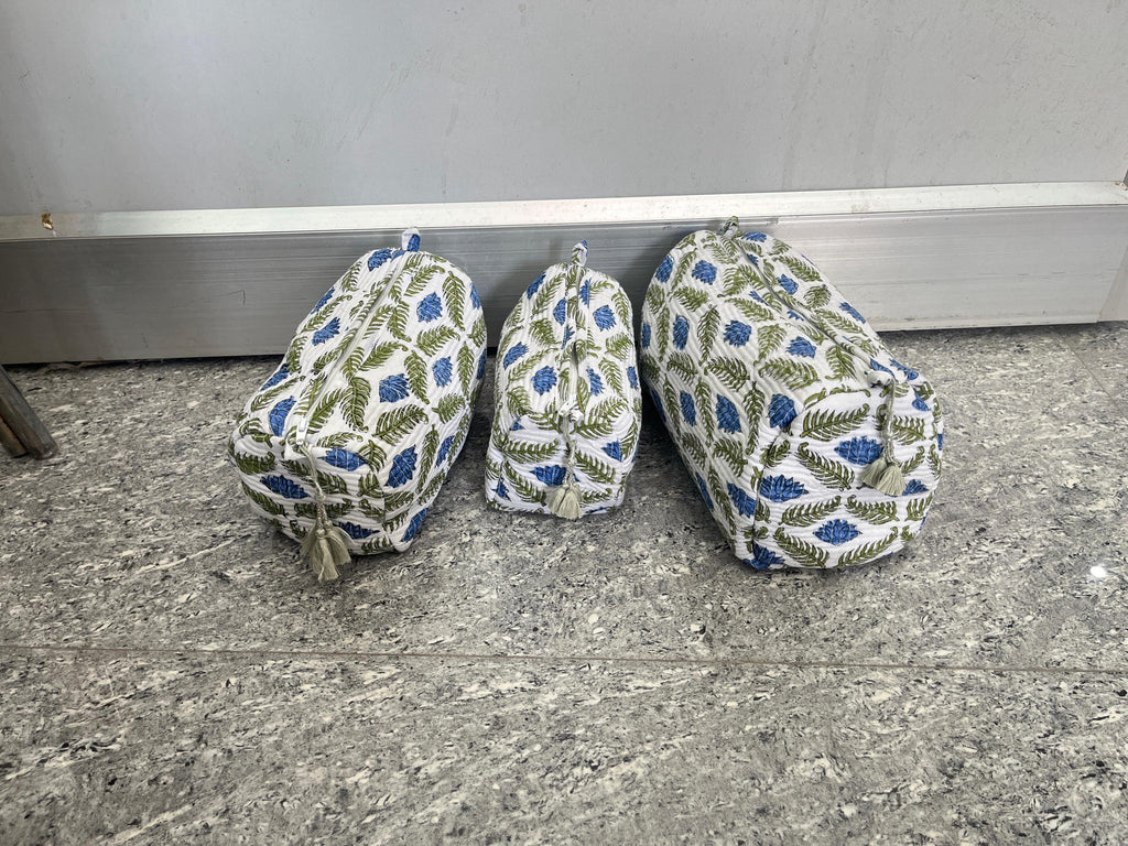 Block Print Cotton Cosmetic Pouch Set of 3: Quilted Travel Makeup Bags