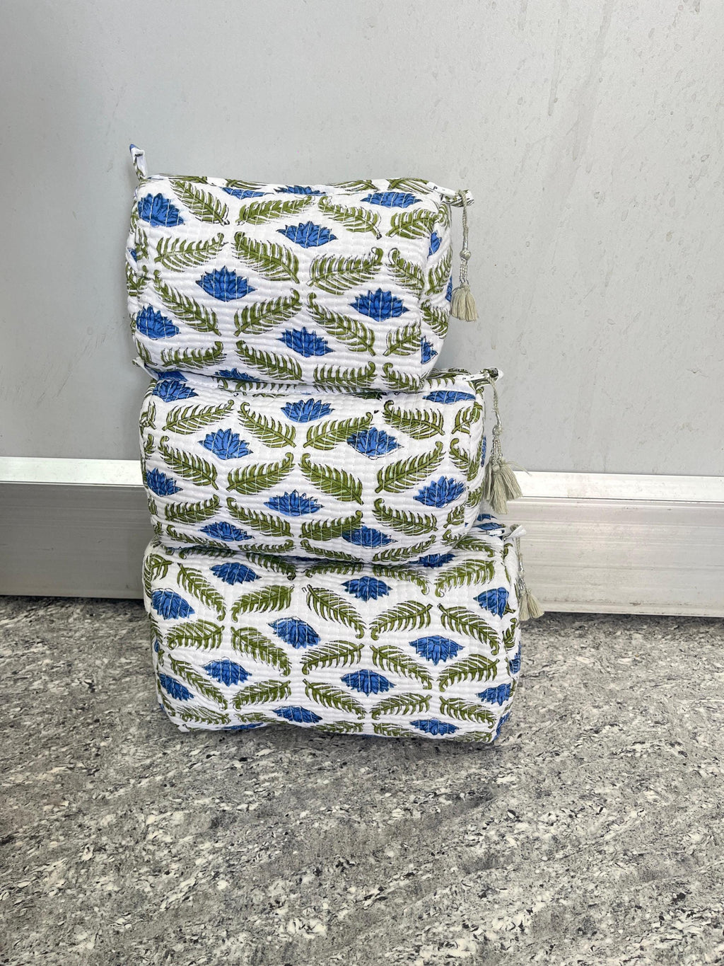 Block Print Cotton Cosmetic Pouch Set of 3: Quilted Travel Makeup Bags