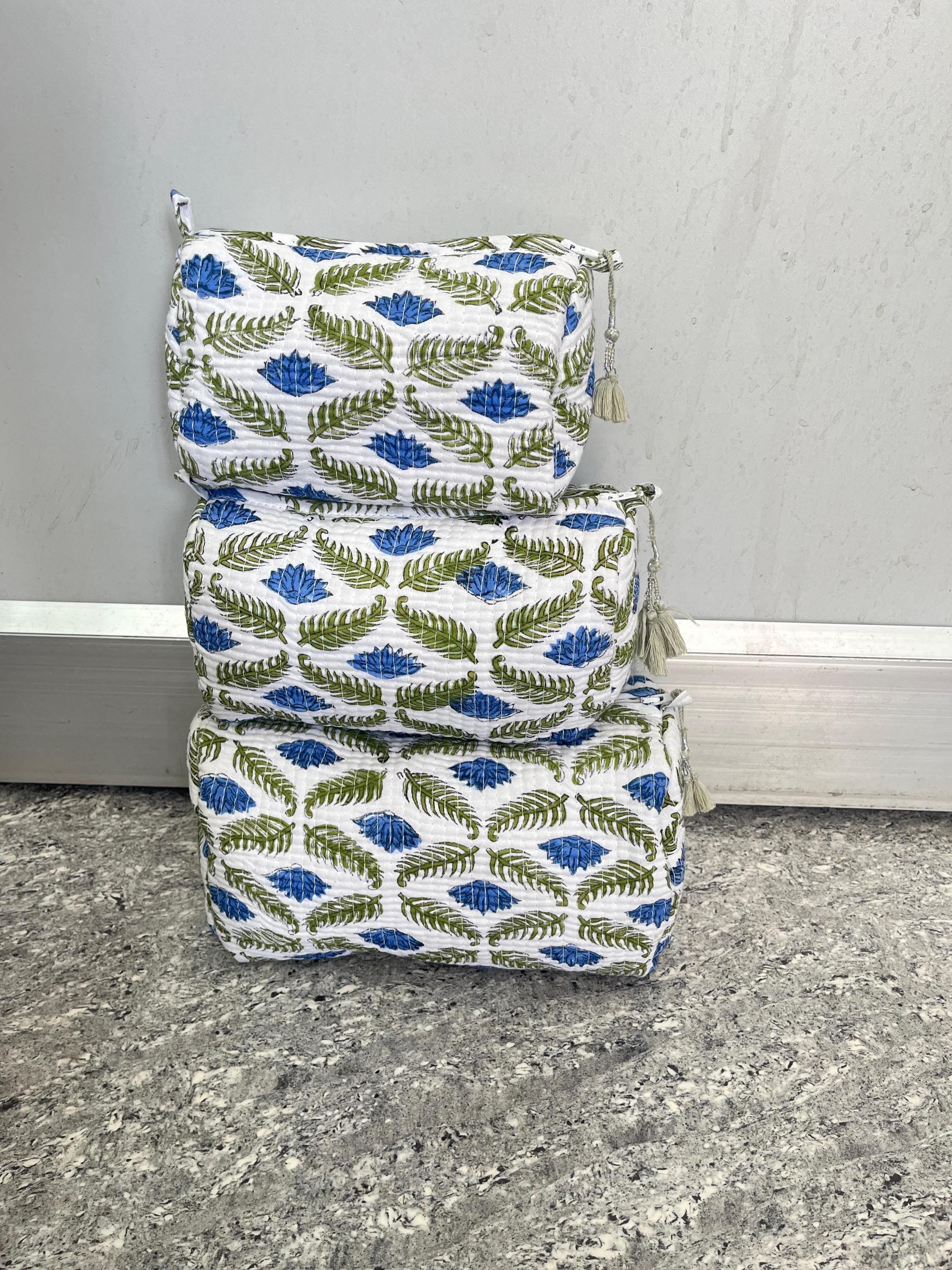Block Print Cotton Cosmetic Pouch Set of 3: Quilted Travel Makeup Bags
