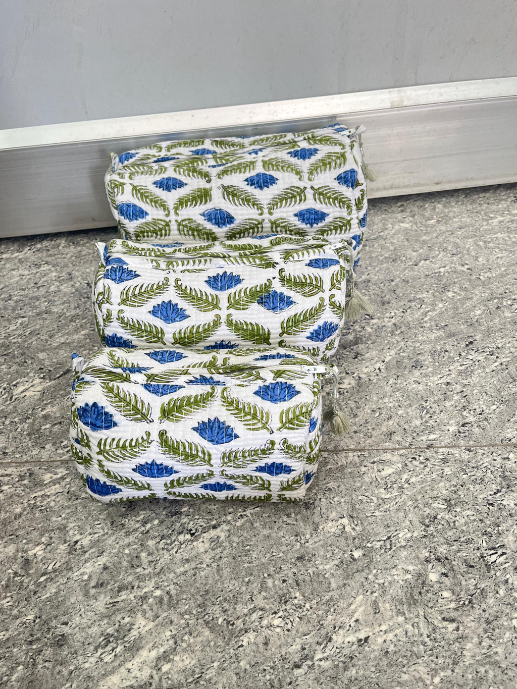 Block Print Cotton Cosmetic Pouch Set of 3: Quilted Travel Makeup Bags