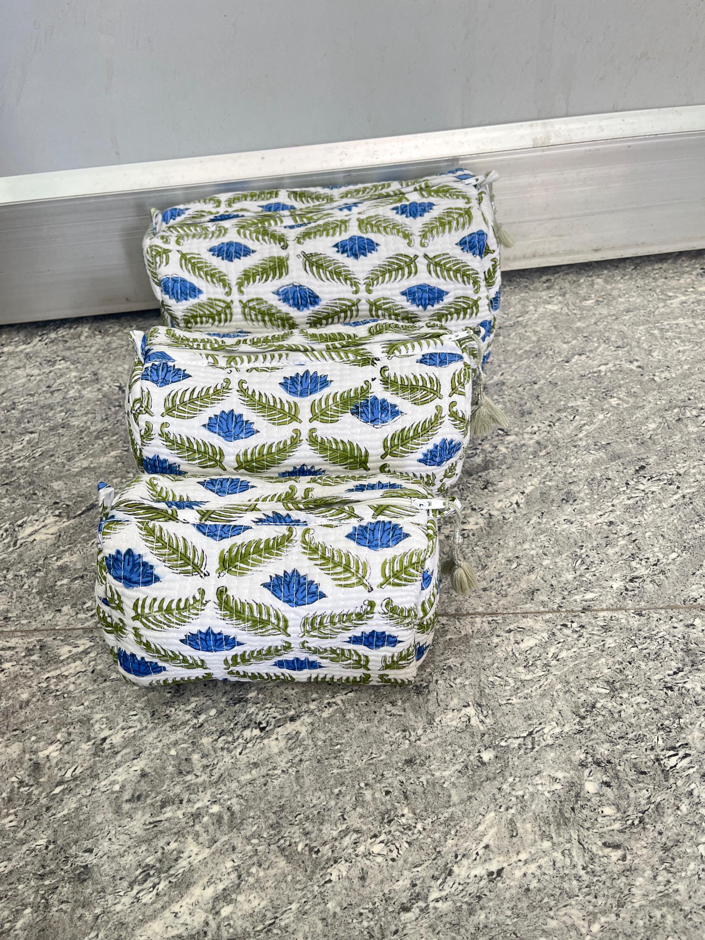 Block Print Cotton Cosmetic Pouch Set of 3: Quilted Travel Makeup Bags