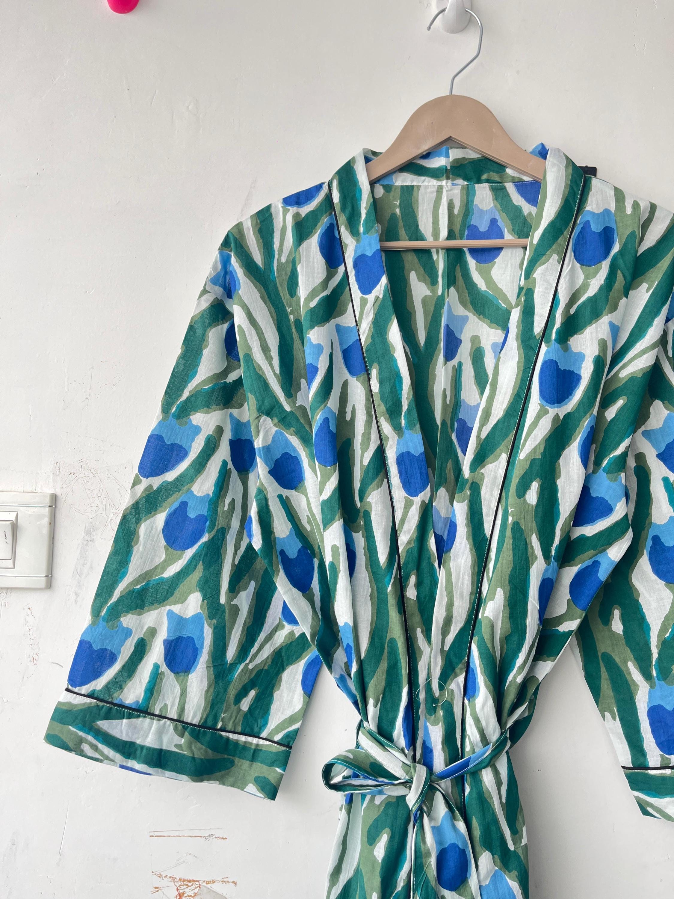 Floral Cotton Kimono Robe: Japanese Style, Short Sleeve, Plus Size