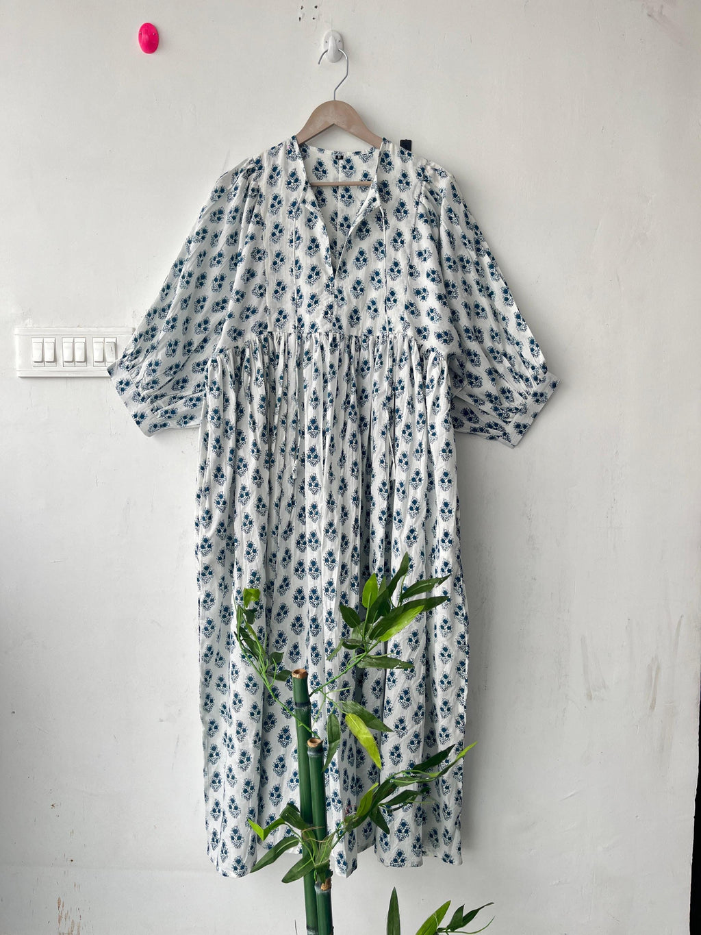 Floral Hand Block Print Cotton Midi Dress - Deep Neck Summer Dress