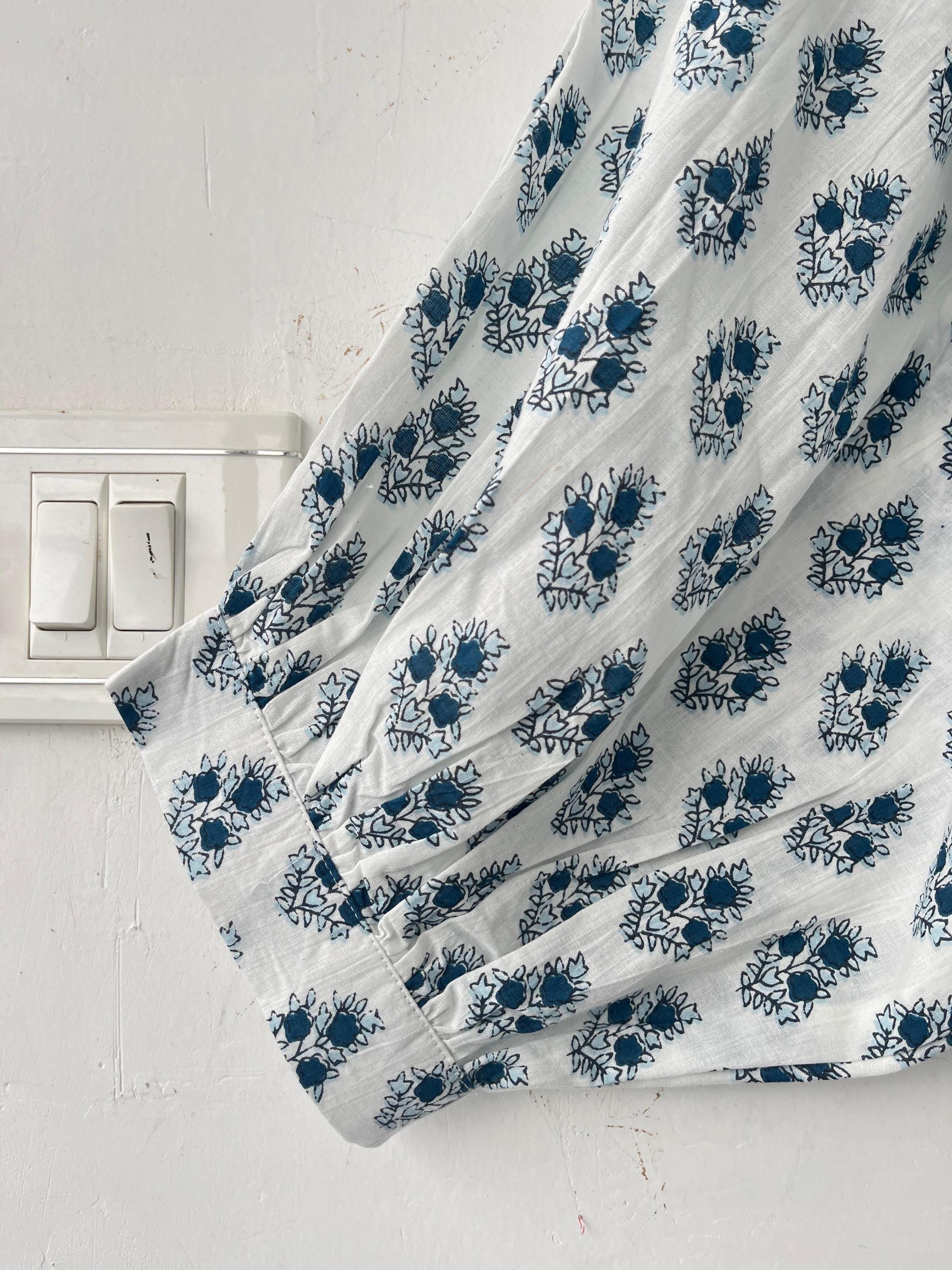 Floral Hand Block Print Cotton Midi Dress - Deep Neck Summer Dress