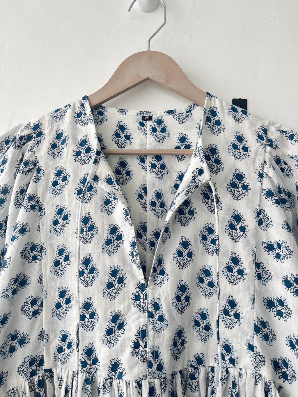 Floral Hand Block Print Cotton Midi Dress - Deep Neck Summer Dress