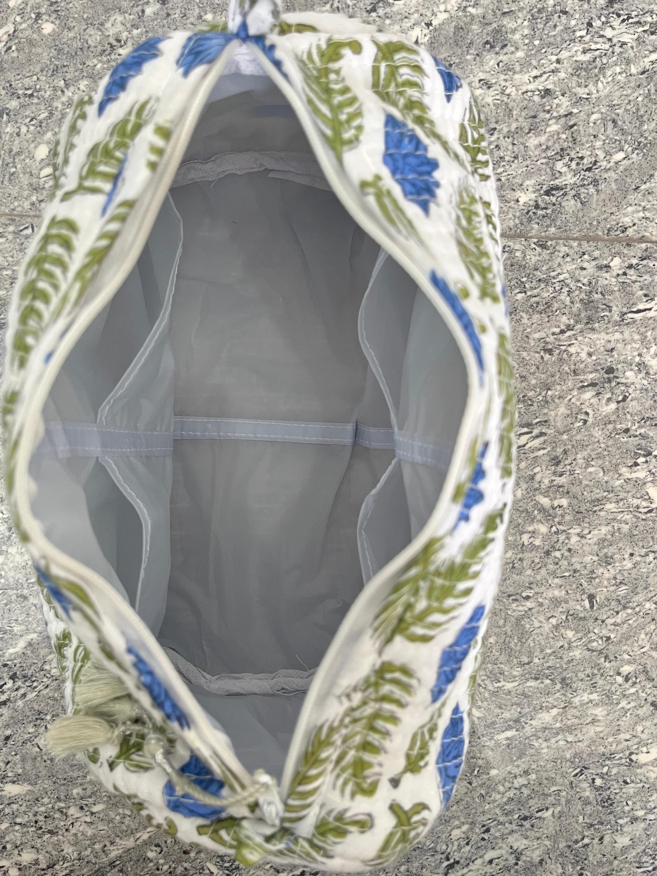 Block Print Cotton Cosmetic Pouch Set of 3: Quilted Travel Makeup Bags