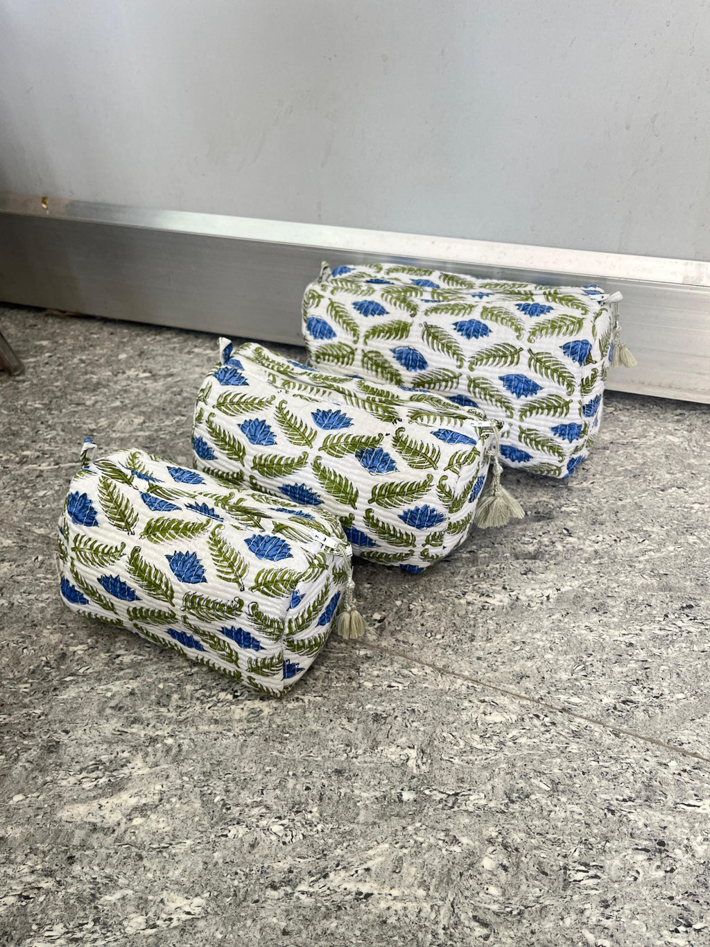 Block Print Cotton Cosmetic Pouch Set of 3: Quilted Travel Makeup Bags