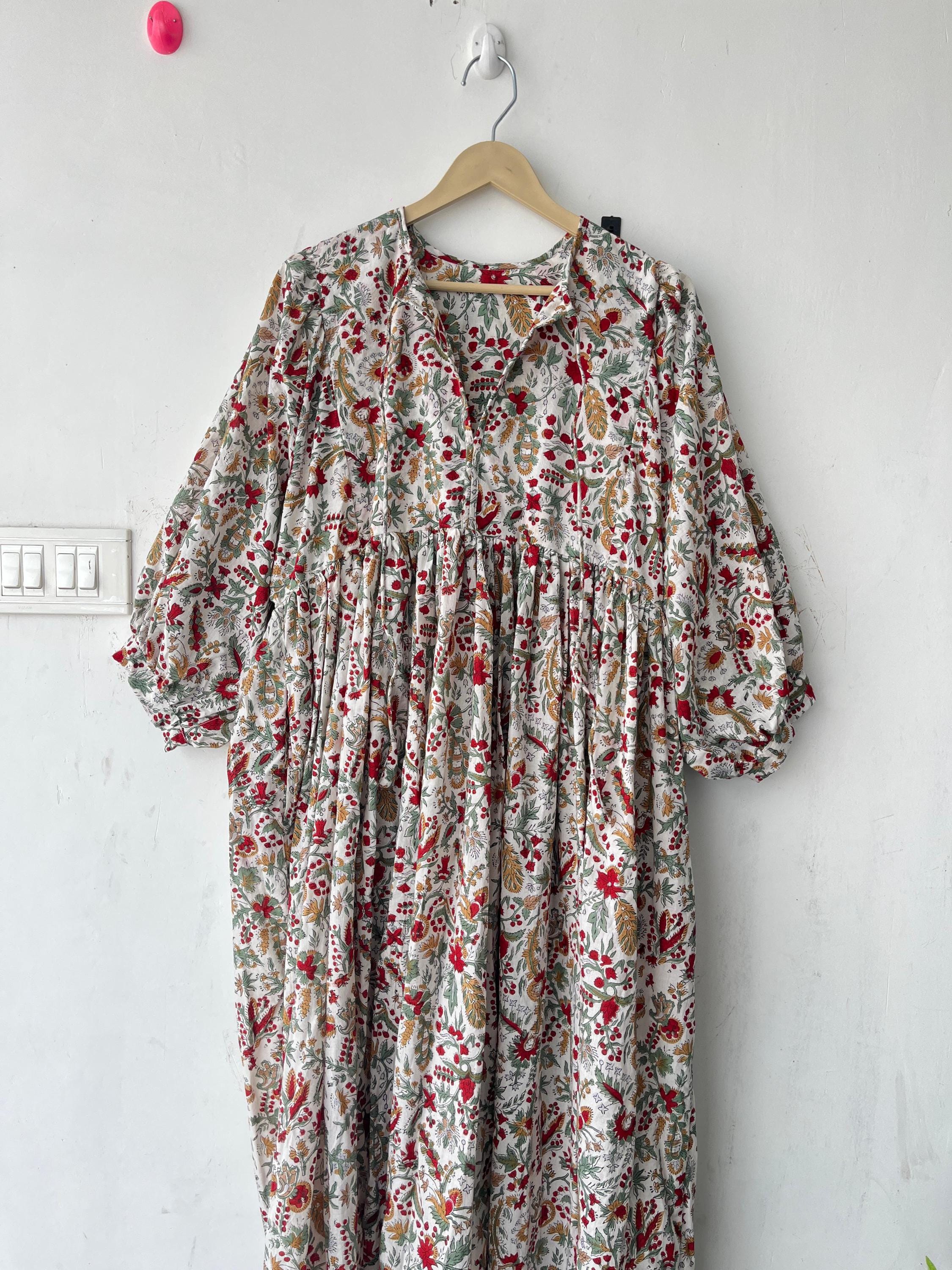 Floral Block Print Cotton Midi Dress - Deep Neck Summer Dress