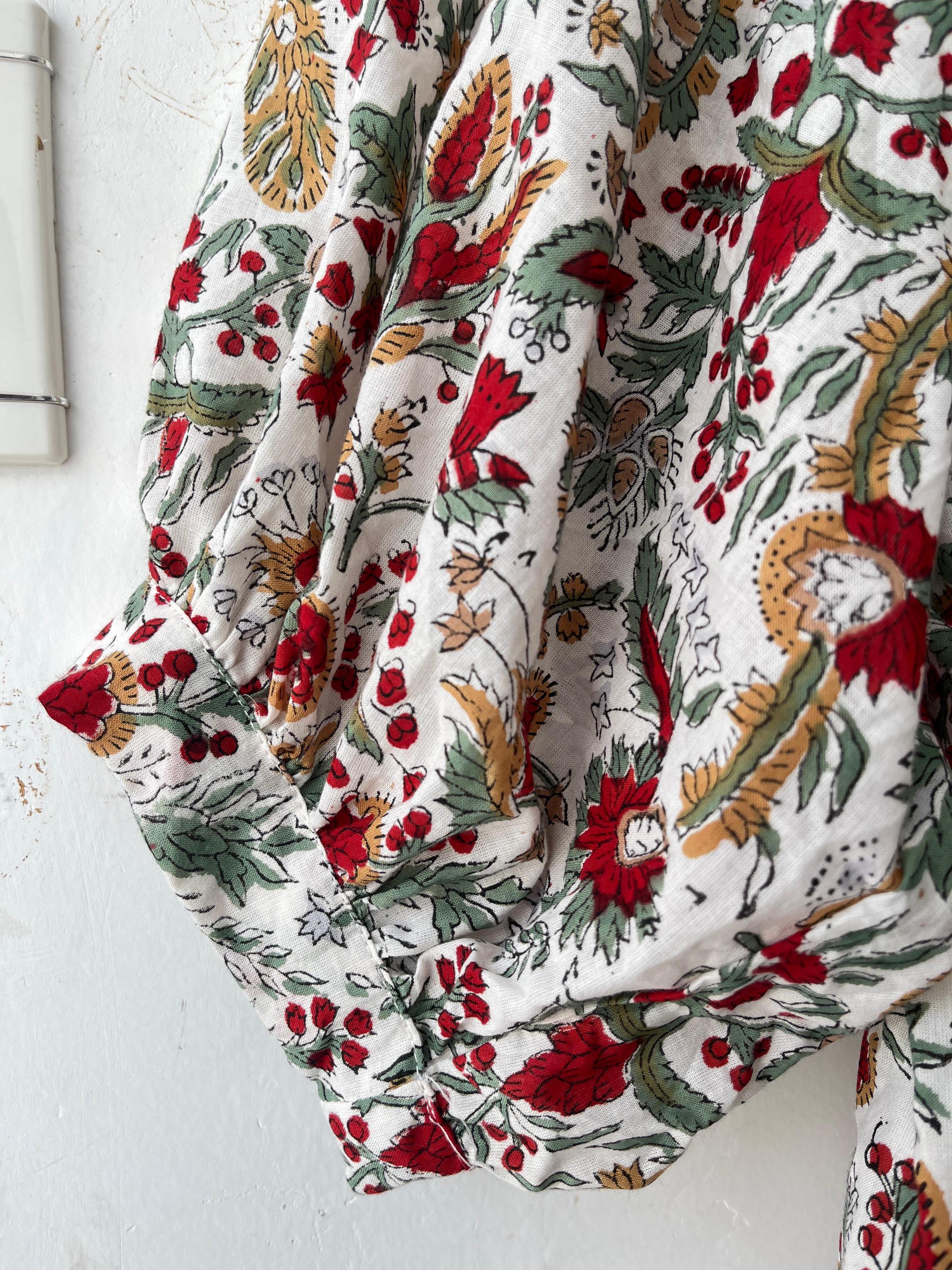 Floral Block Print Cotton Midi Dress - Deep Neck Summer Dress