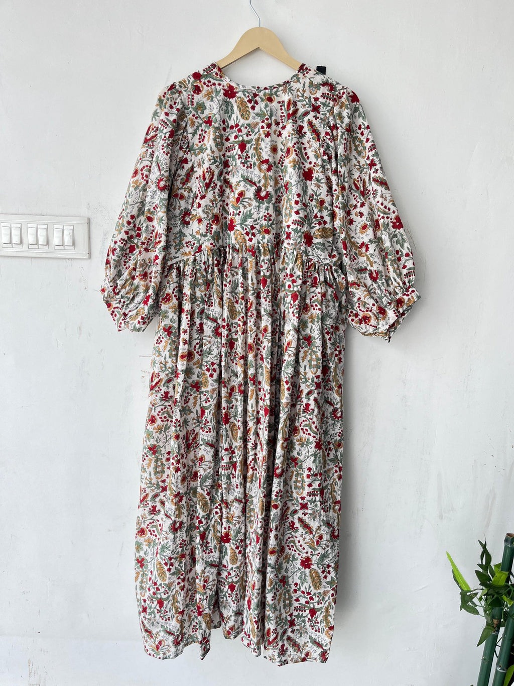 Floral Block Print Cotton Midi Dress - Deep Neck Summer Dress