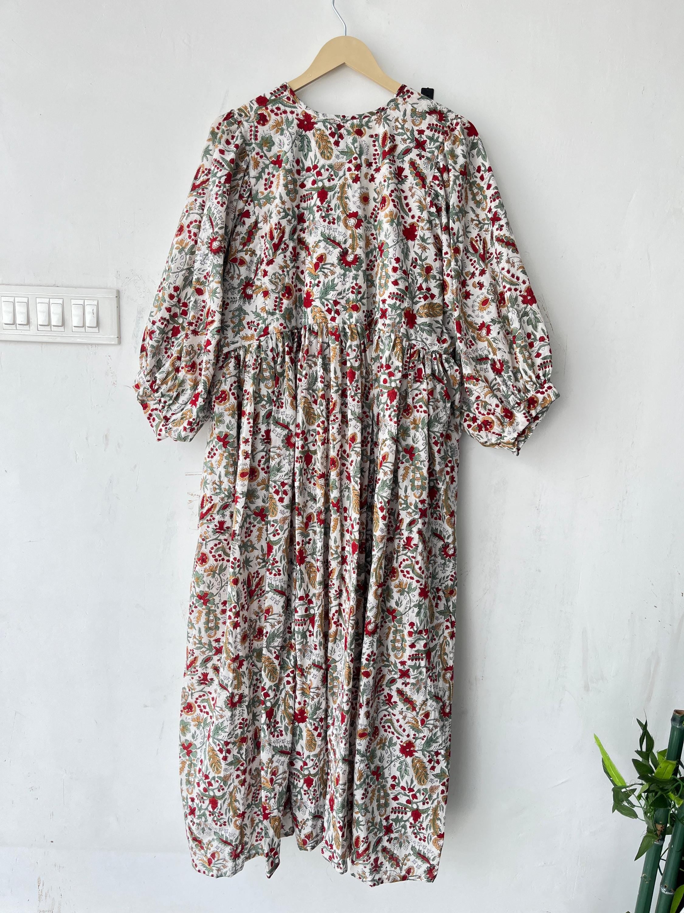 Floral Block Print Cotton Midi Dress - Deep Neck Summer Dress