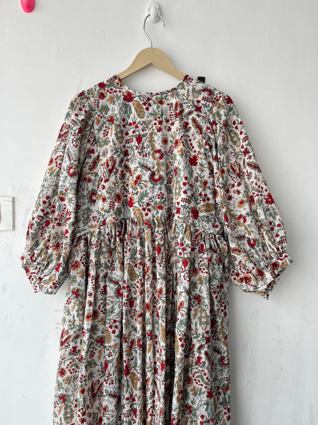 Floral Block Print Cotton Midi Dress - Deep Neck Summer Dress