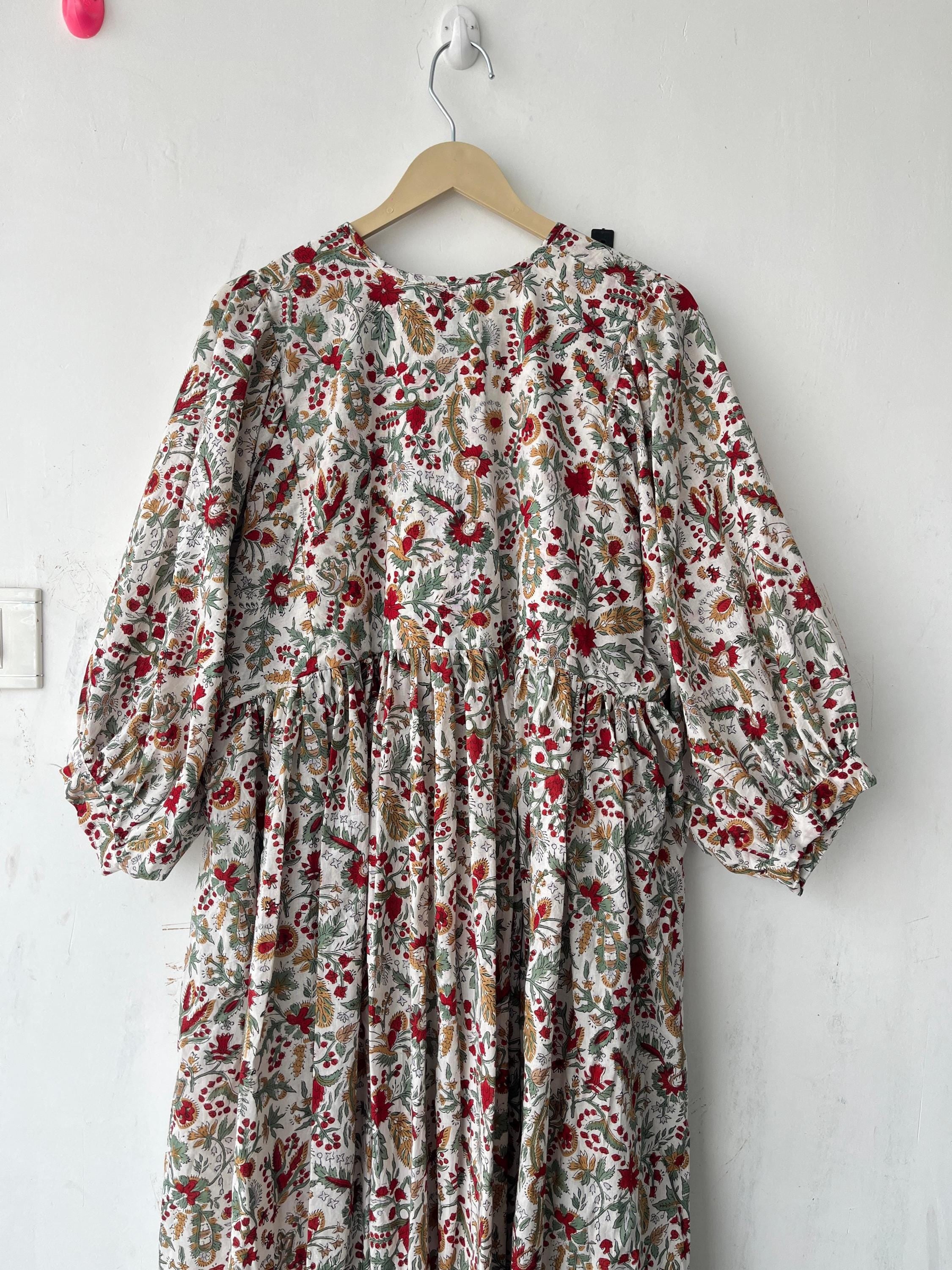 Floral Block Print Cotton Midi Dress - Deep Neck Summer Dress