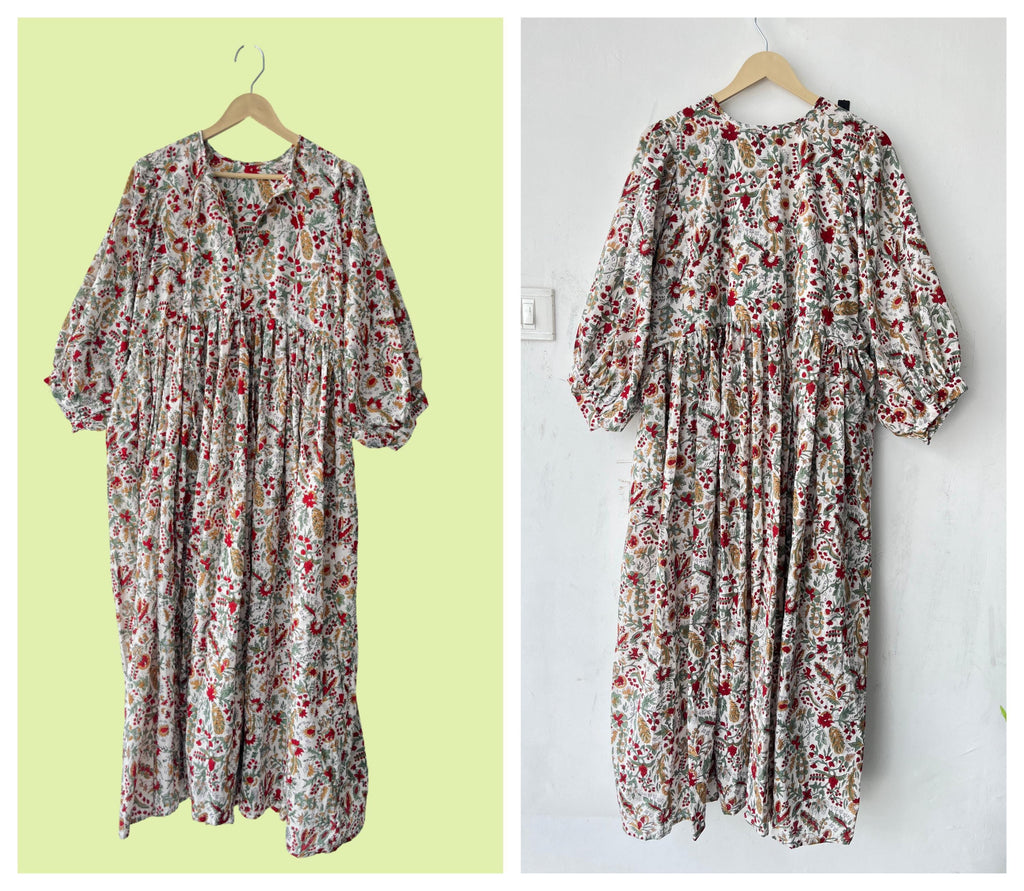 Floral Block Print Cotton Midi Dress - Deep Neck Summer Dress
