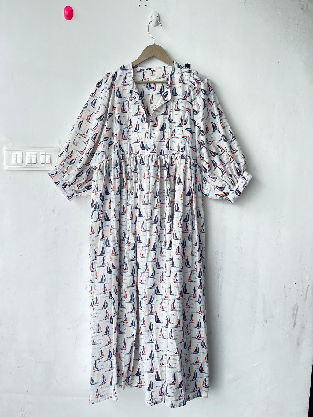 Floral Hand Block Print Cotton Midi Dress: Deep Neck Summer Dress