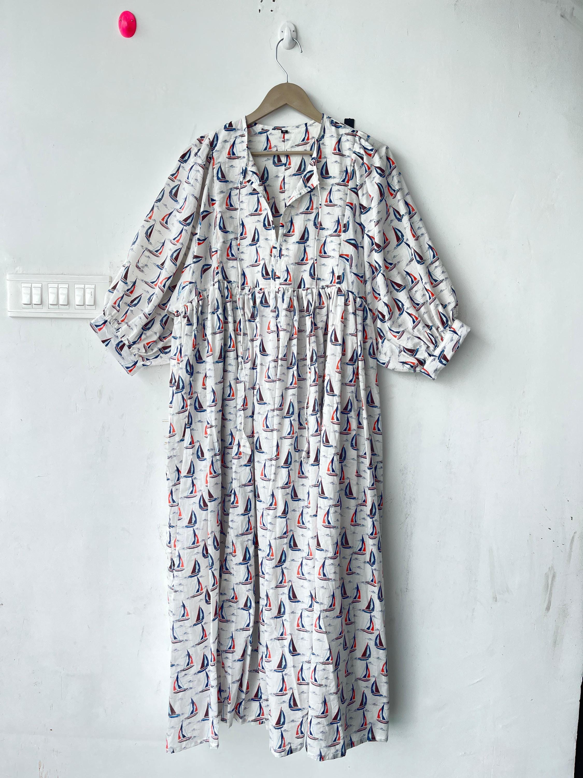 Floral Hand Block Print Cotton Midi Dress: Deep Neck Summer Dress