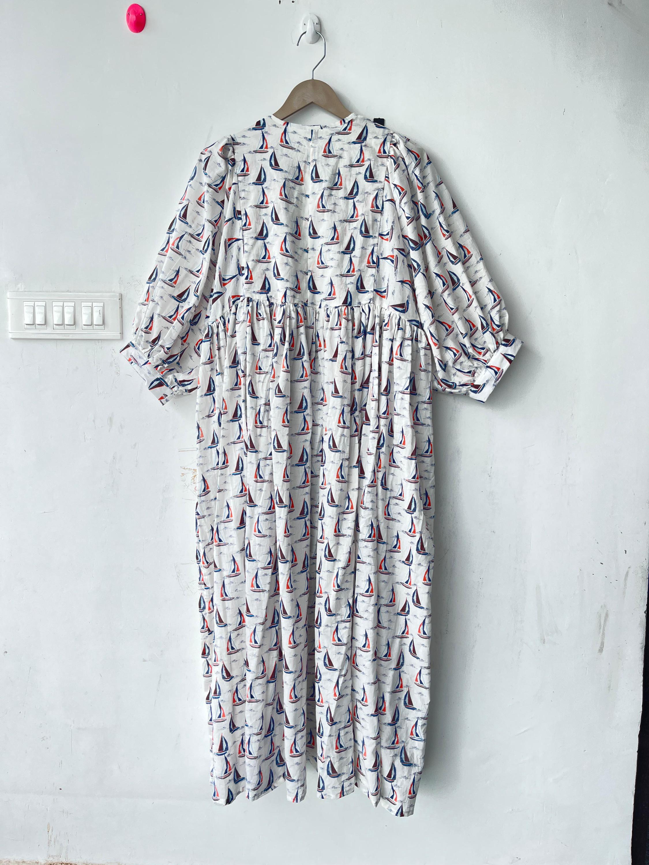 Floral Hand Block Print Cotton Midi Dress: Deep Neck Summer Dress