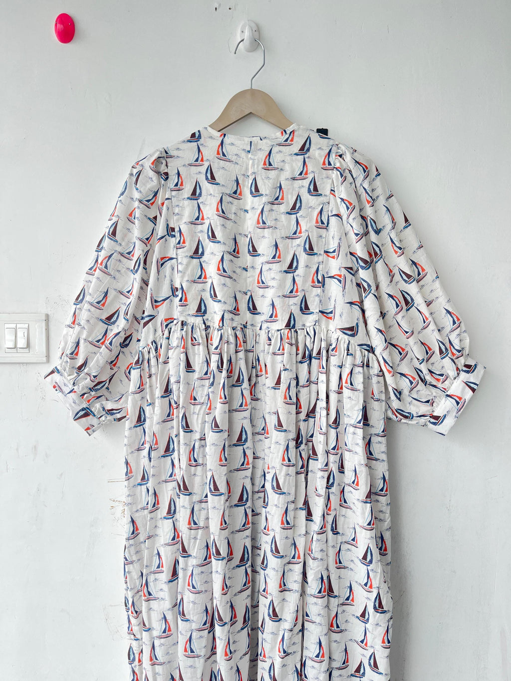 Floral Hand Block Print Cotton Midi Dress: Deep Neck Summer Dress