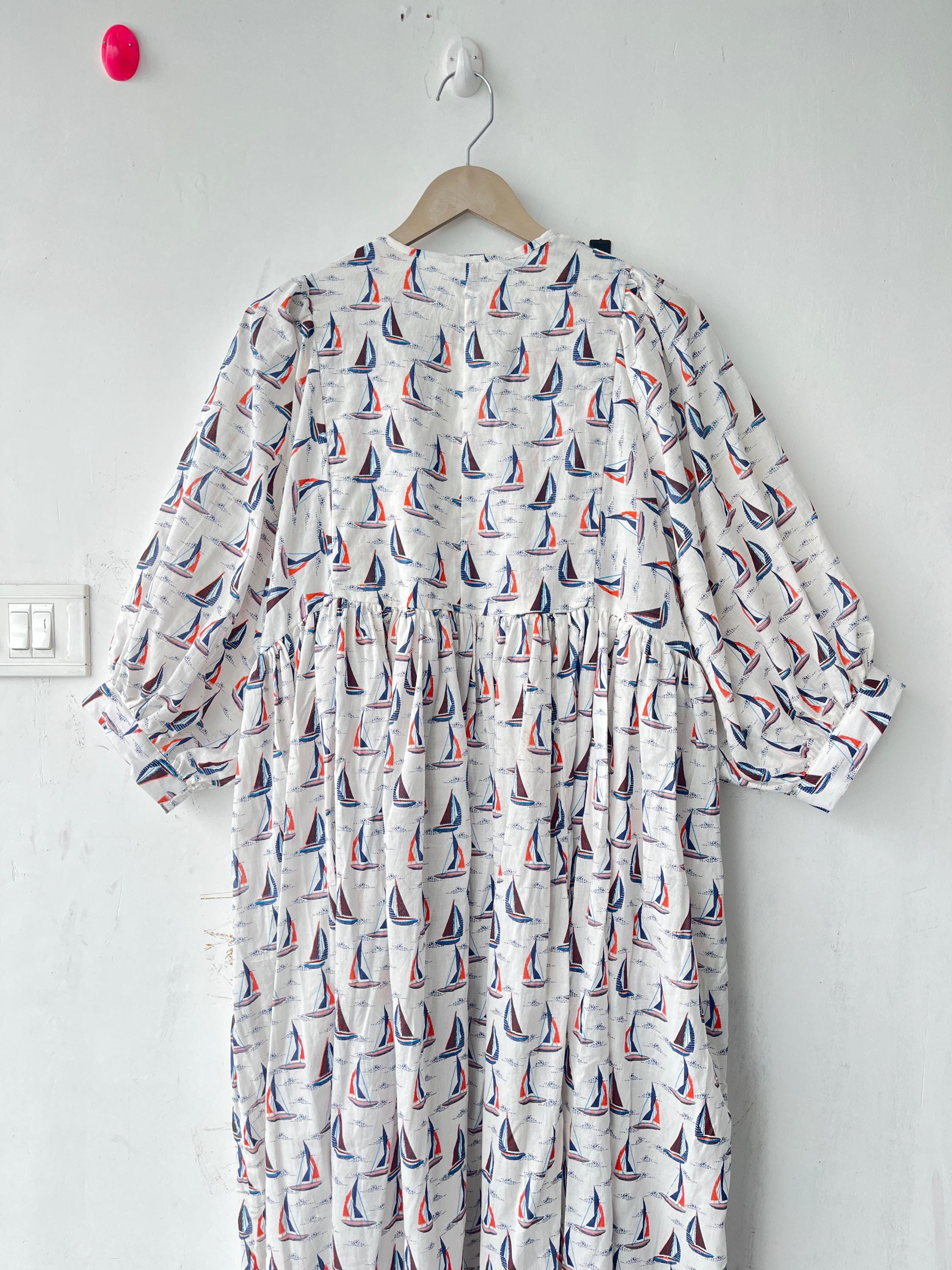 Floral Hand Block Print Cotton Midi Dress: Deep Neck Summer Dress