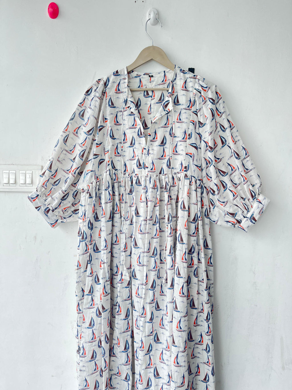 Floral Hand Block Print Cotton Midi Dress: Deep Neck Summer Dress