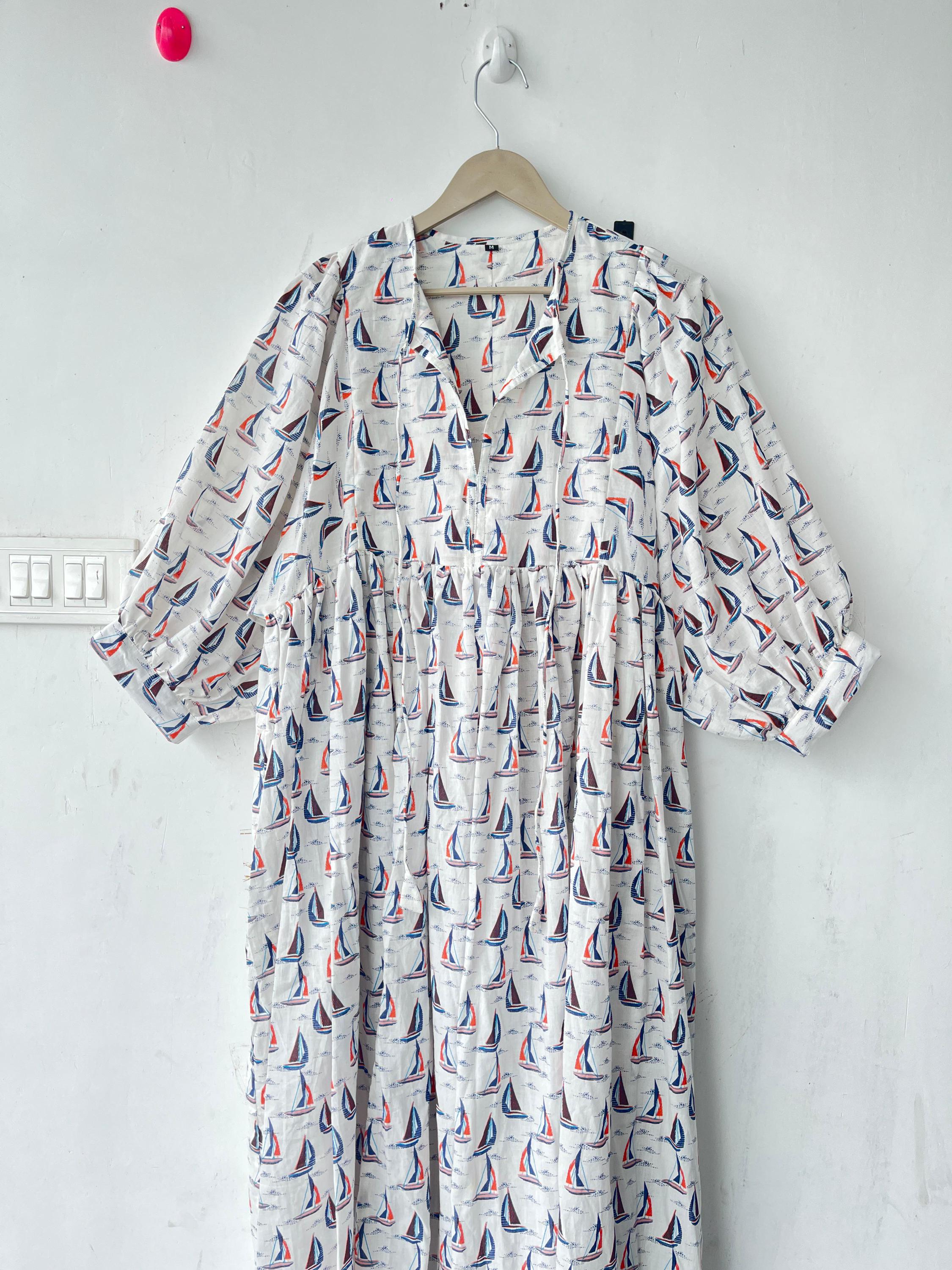 Floral Hand Block Print Cotton Midi Dress: Deep Neck Summer Dress