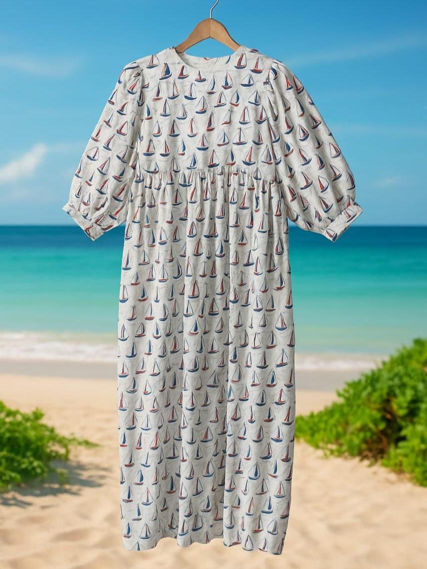 Floral Hand Block Print Cotton Midi Dress: Deep Neck Summer Dress