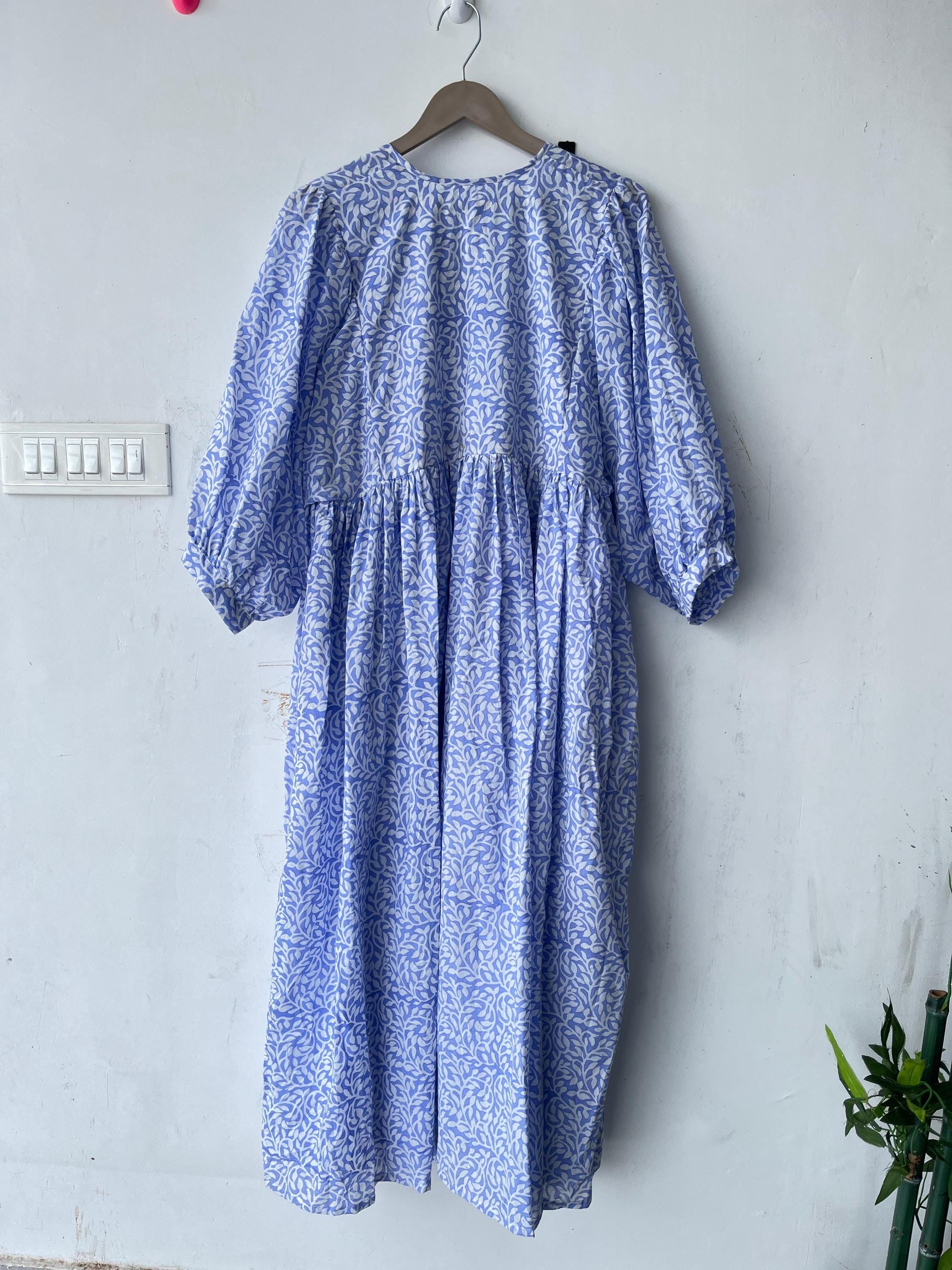 Floral Hand Block Print Cotton Midi Dress: Bohemian Style