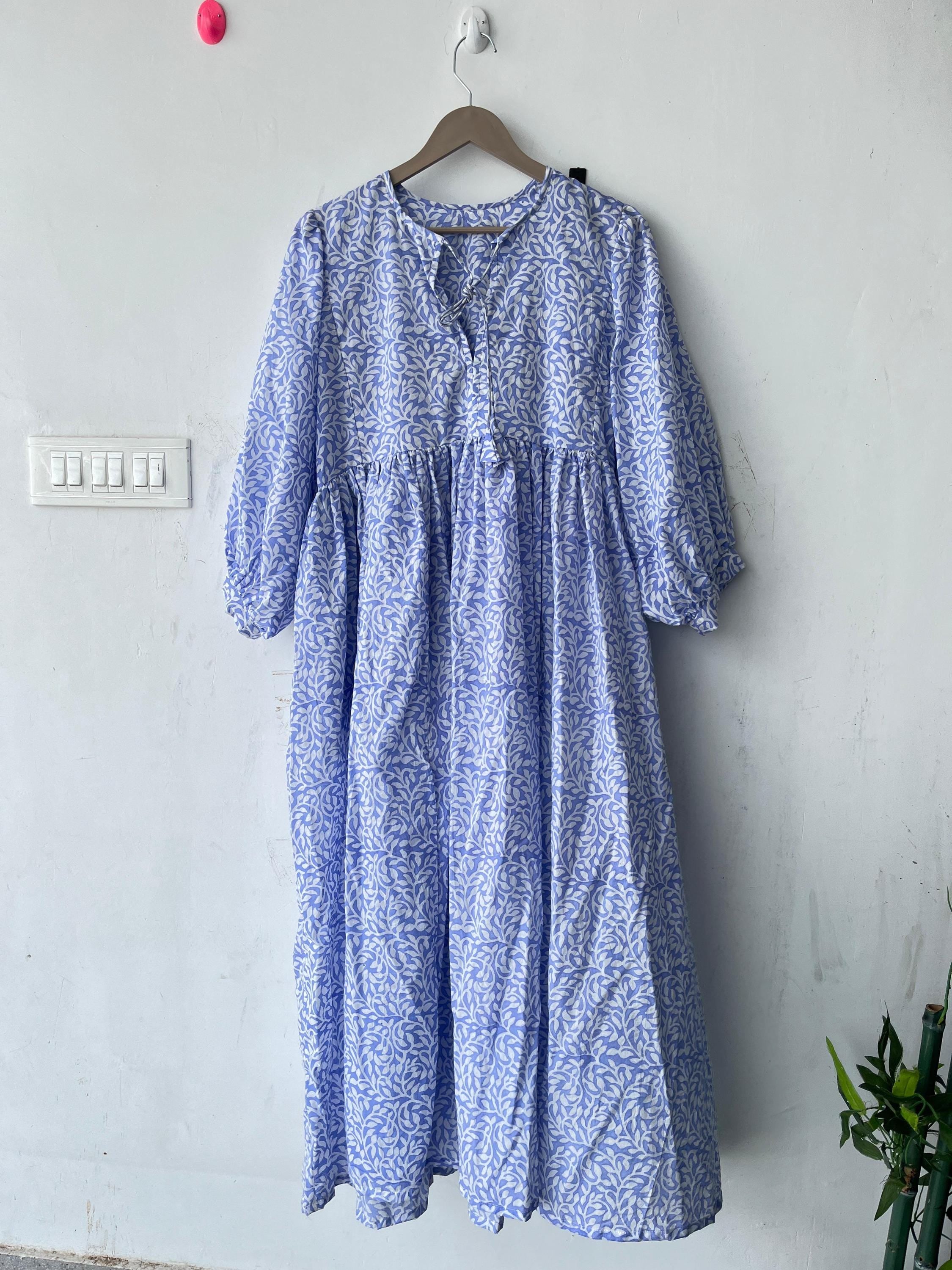 Floral Hand Block Print Cotton Midi Dress: Bohemian Style