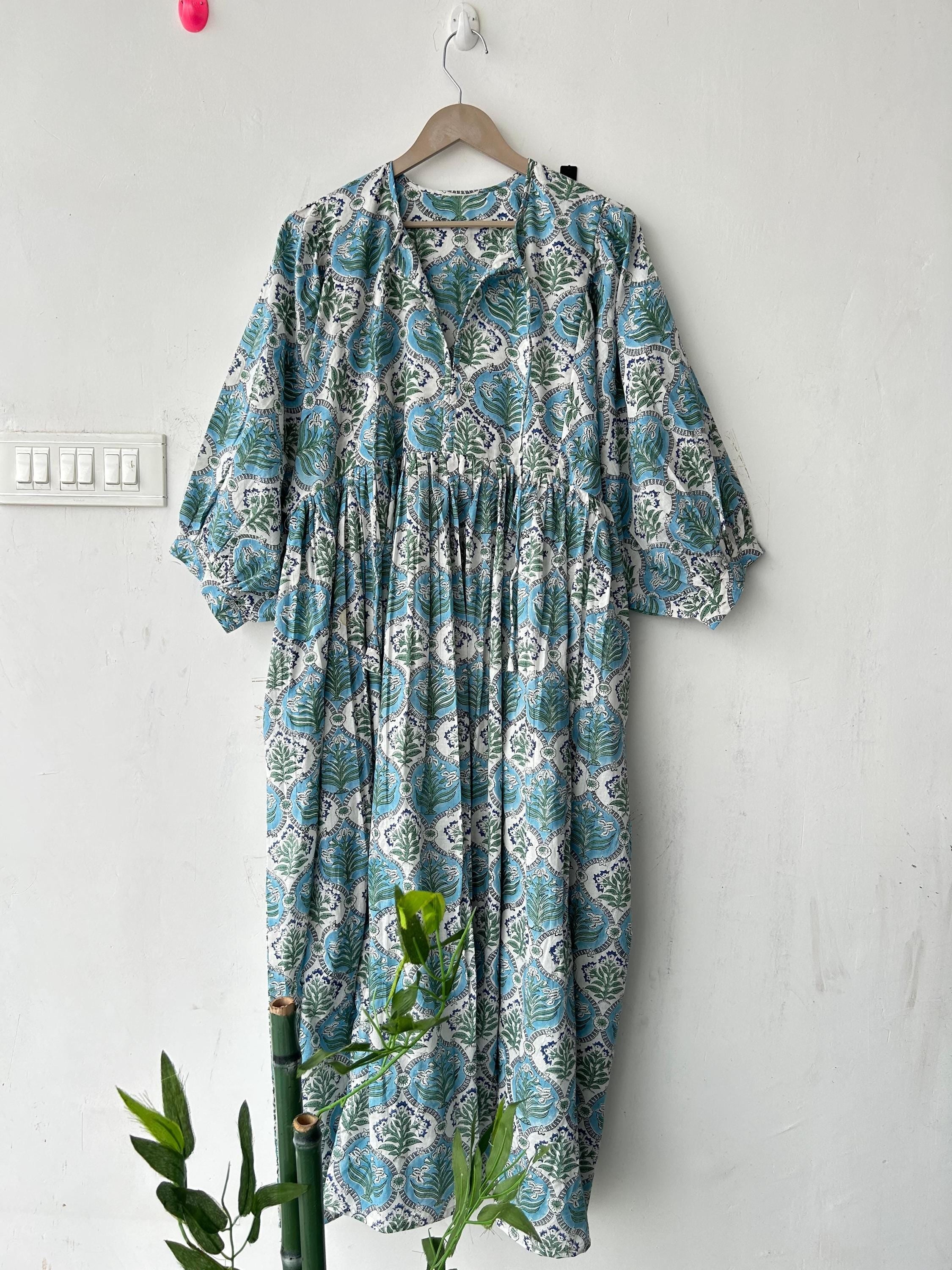 Floral Block Print Cotton Summer Dress: Handcrafted Midi Dress